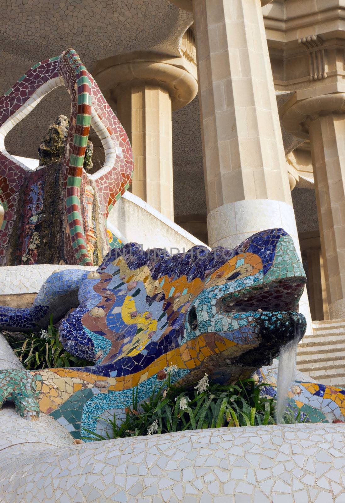 Park Guell tiles mosaic lizard, salamander designed by Antonio Gaudi Barcelona