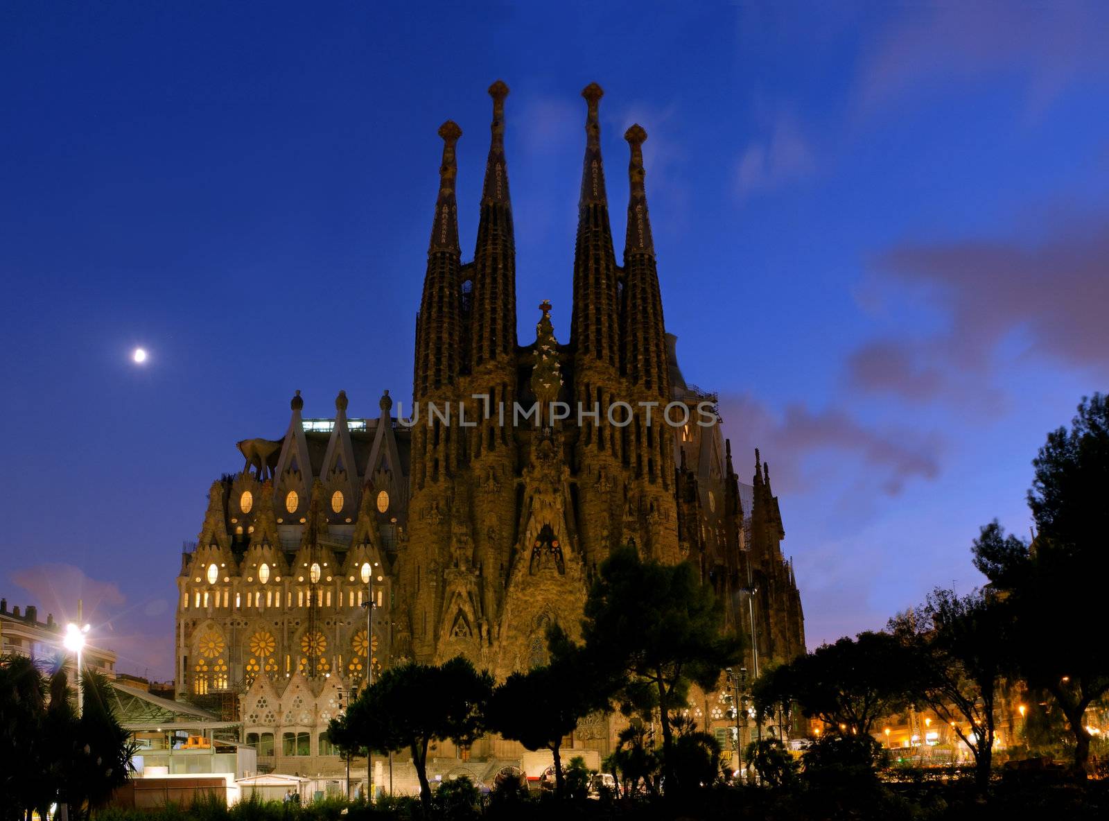 SPAIN - AUGUST 24: La Sagrada Familia in night - cathedral designed by Antoni Gaudi, which is being build since 1882 and is not finished yet August 24, 2012, in Barcelona, Spain.