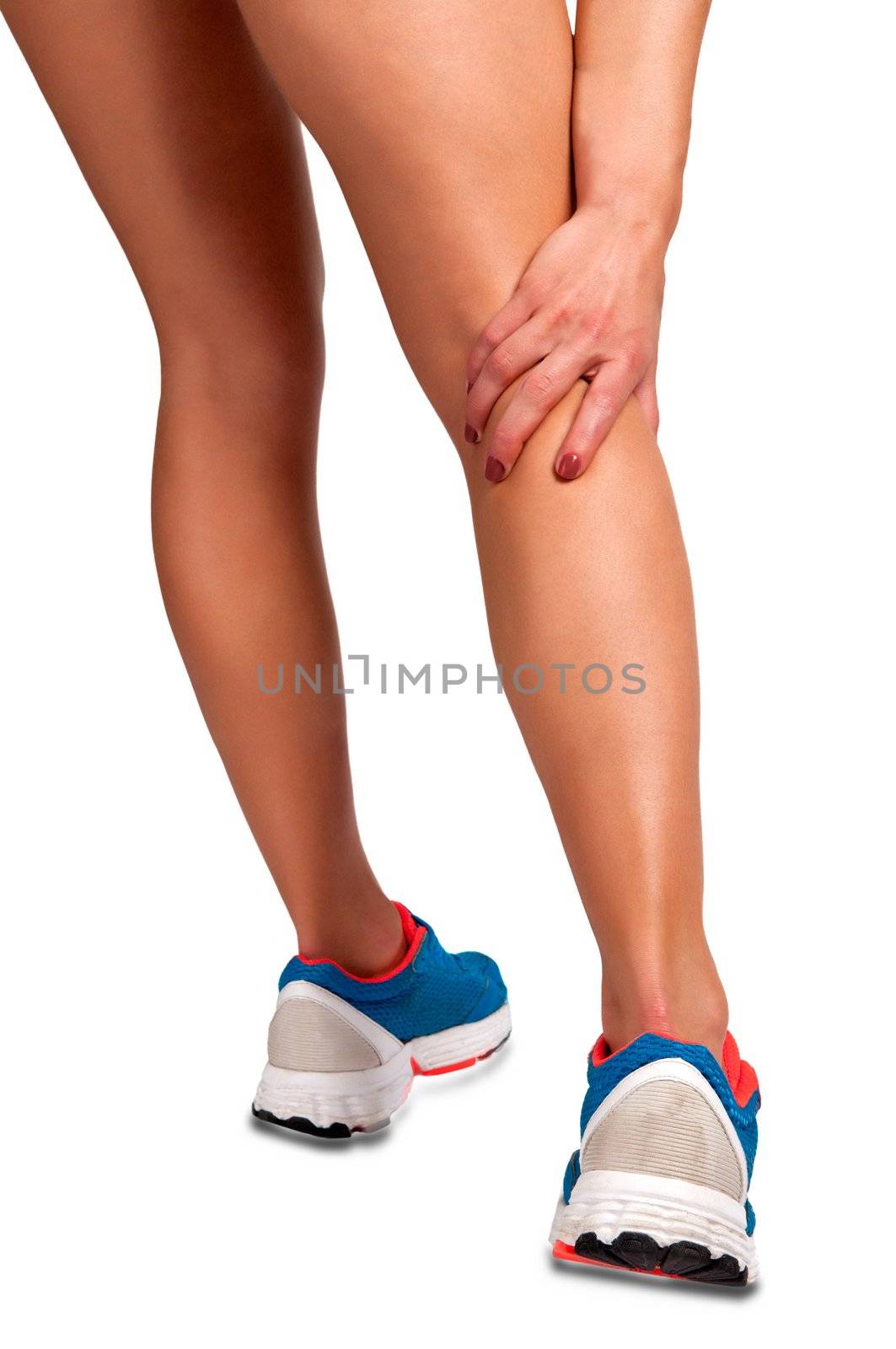 Female jogger with pain in her lower leg, isolated in white