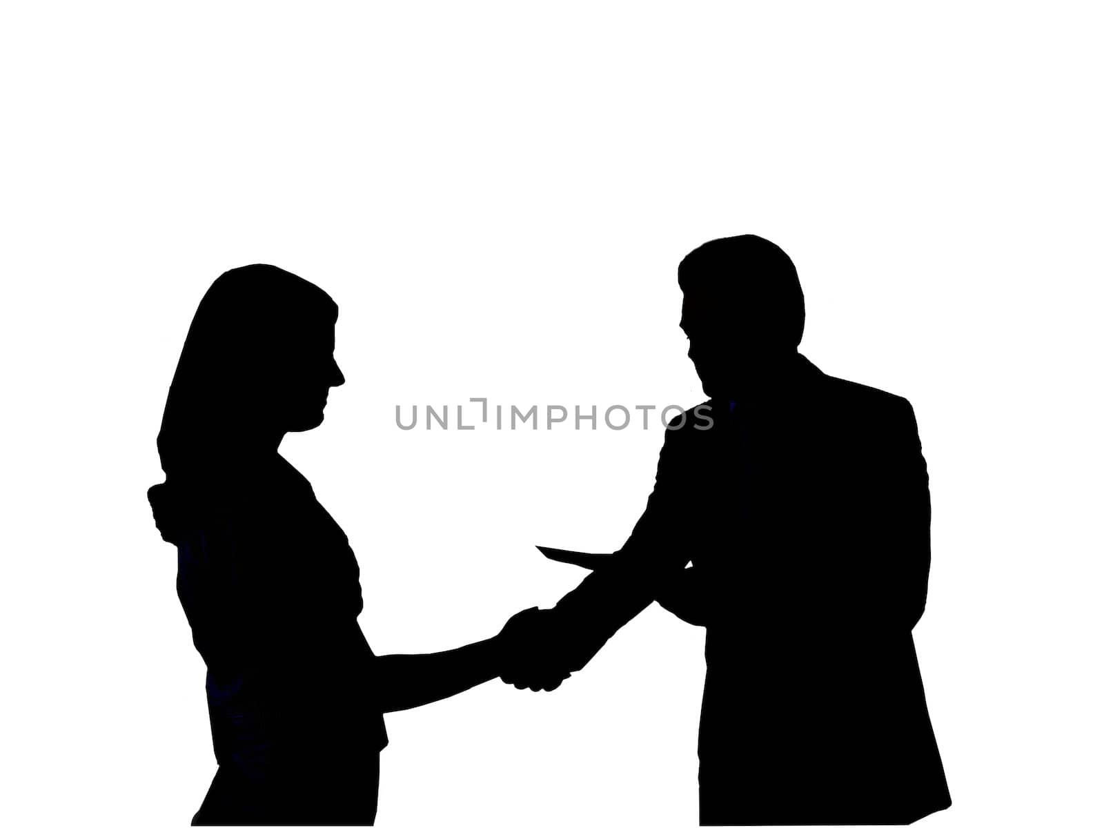 Silhouette of the man shaking hand to young woman on the white background