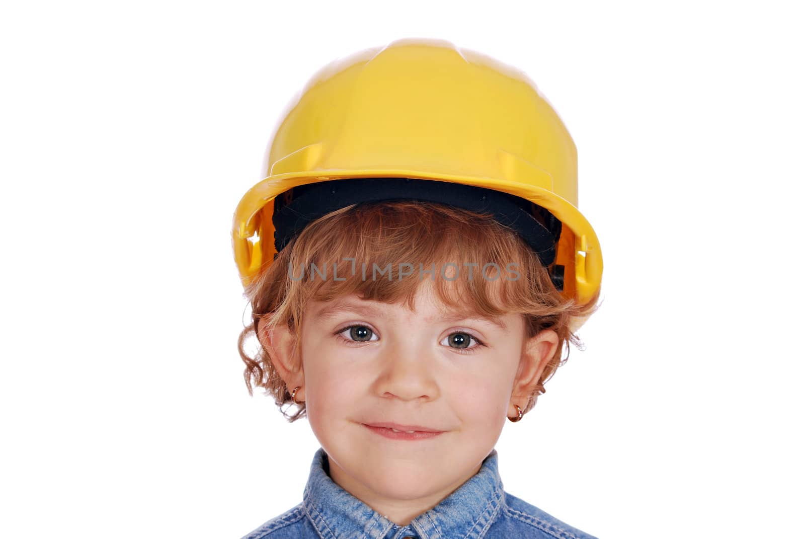 Little girl with yellow helmet portrait studio shot