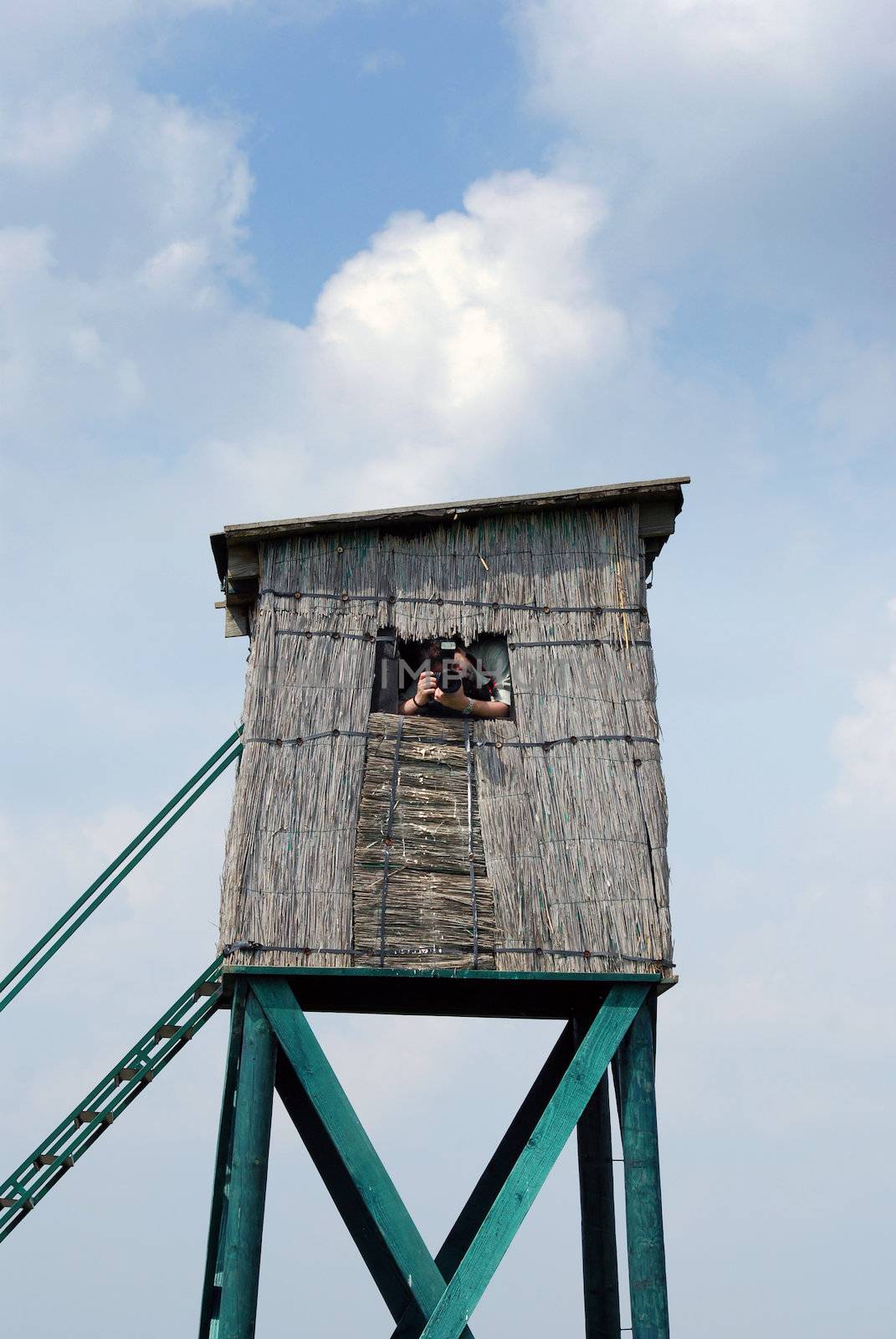 Photographer waiting for wild animals in hunting blind by goce