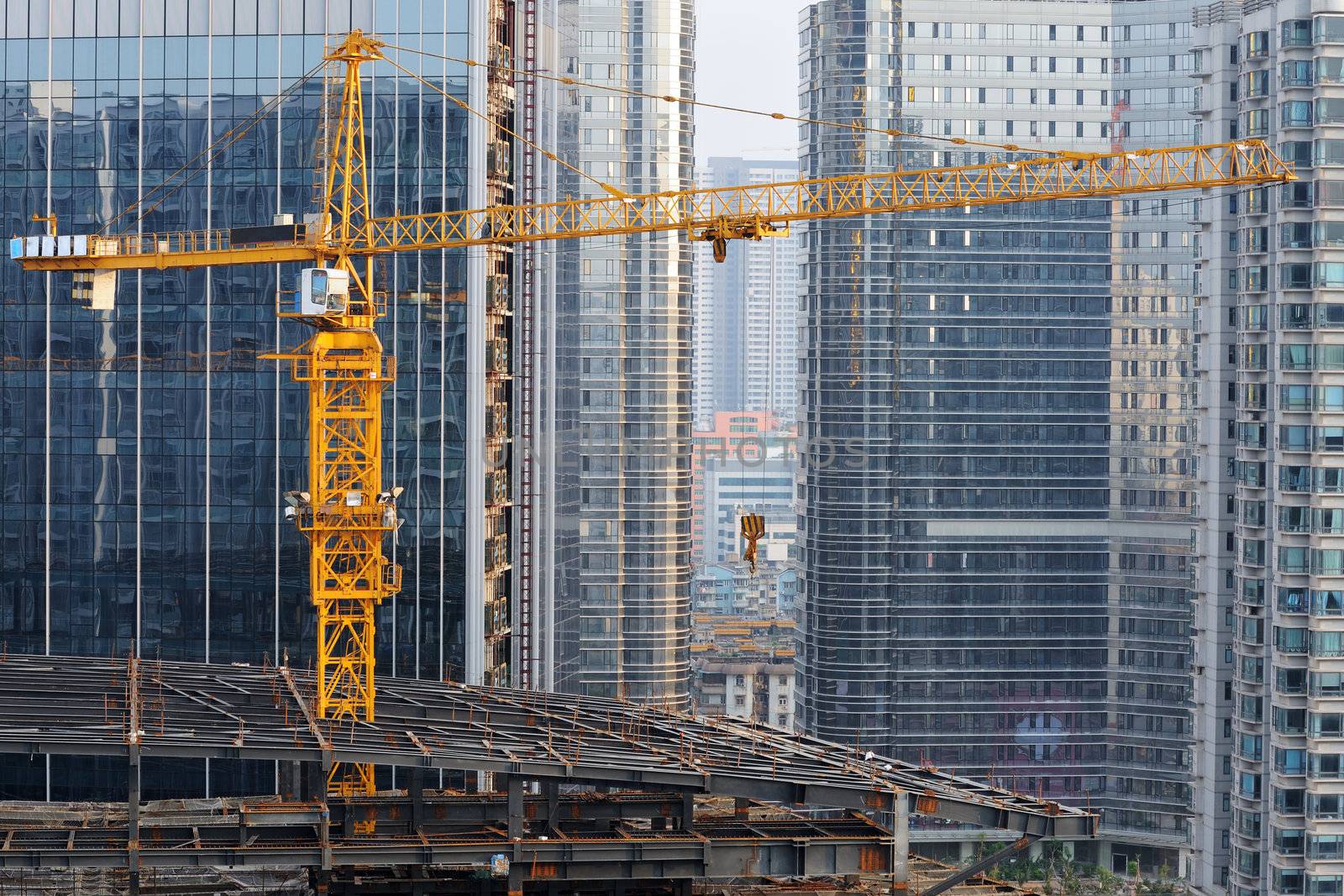 A crane before a modern building background