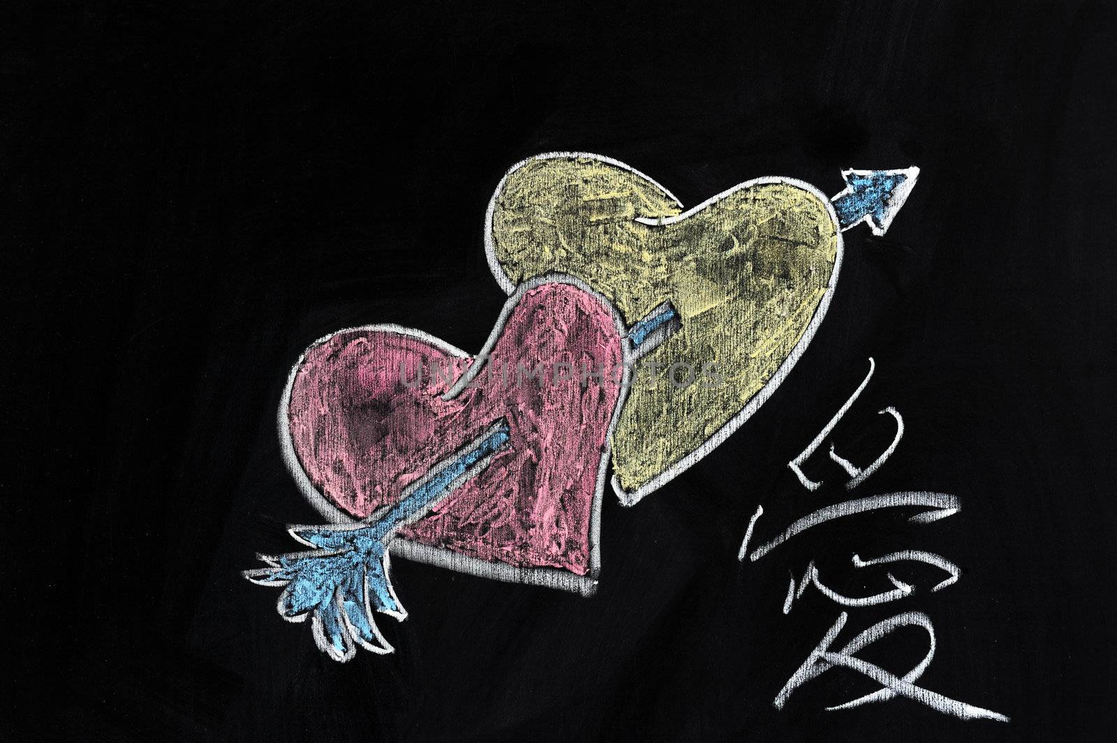 Chalk drawing - Hearts, arrow and "Love" word in Chinese