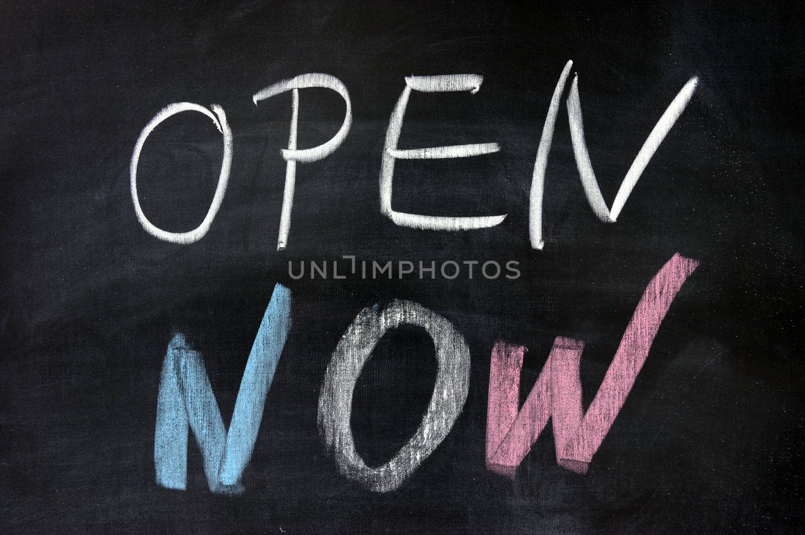 Chalk drawing - "open now" words written on chalkboard