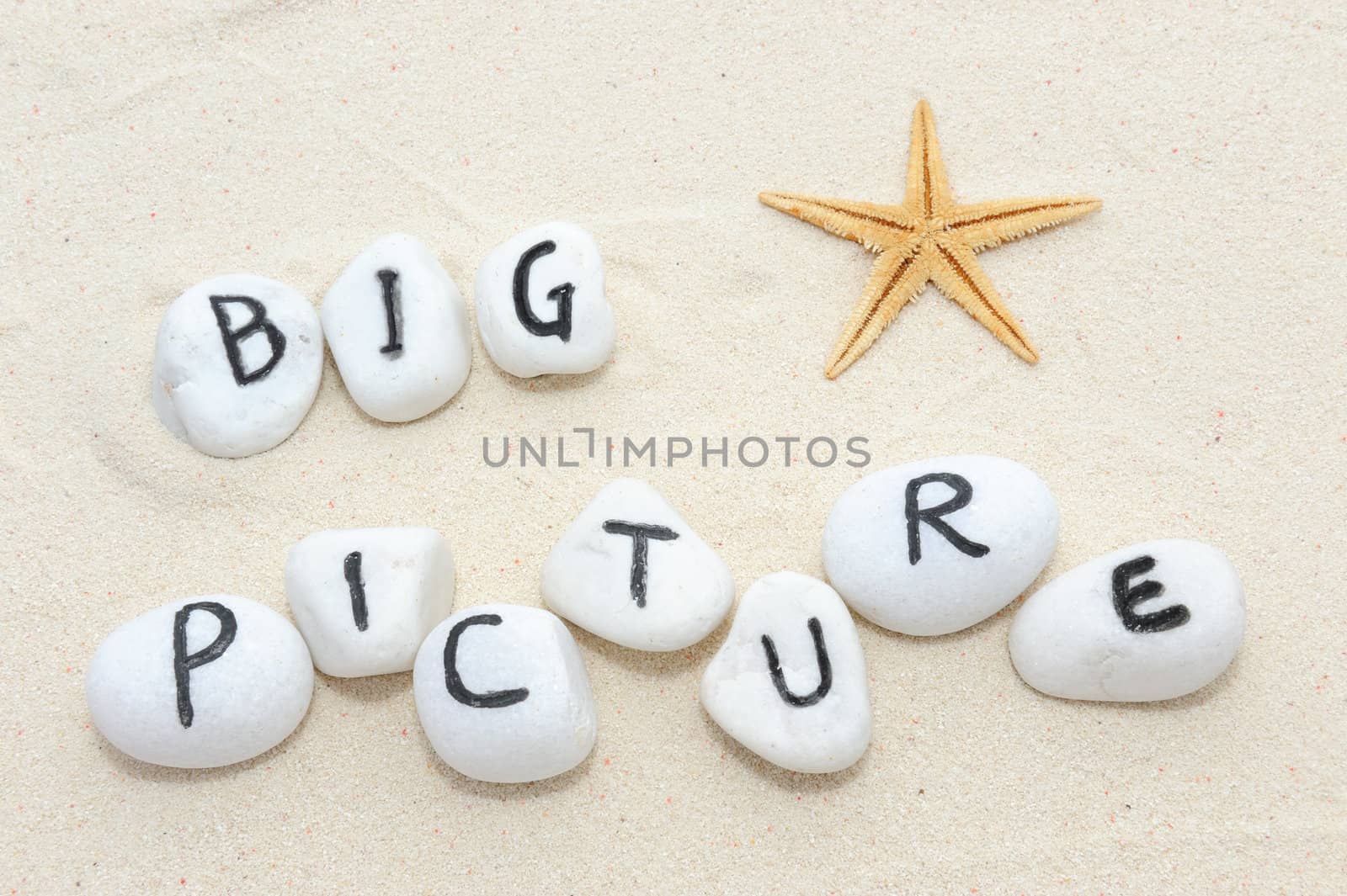 Big picture words on group of stones with sand background