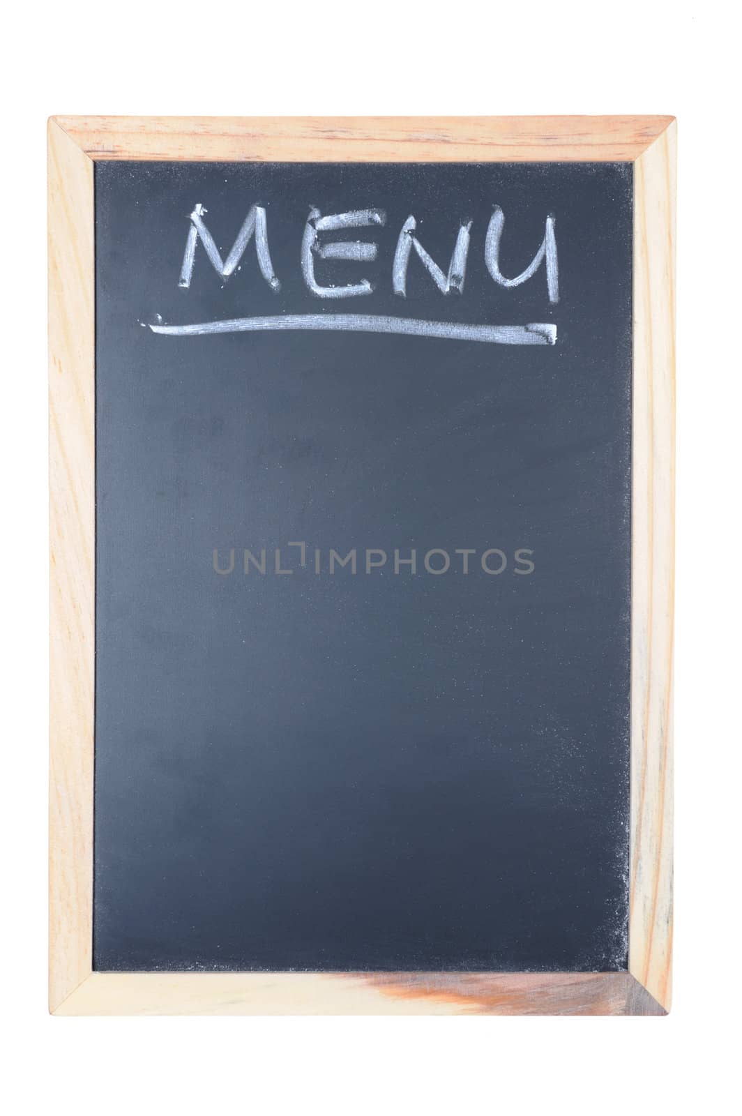 Menu word written on chalkboard with wooden frame isolated on white