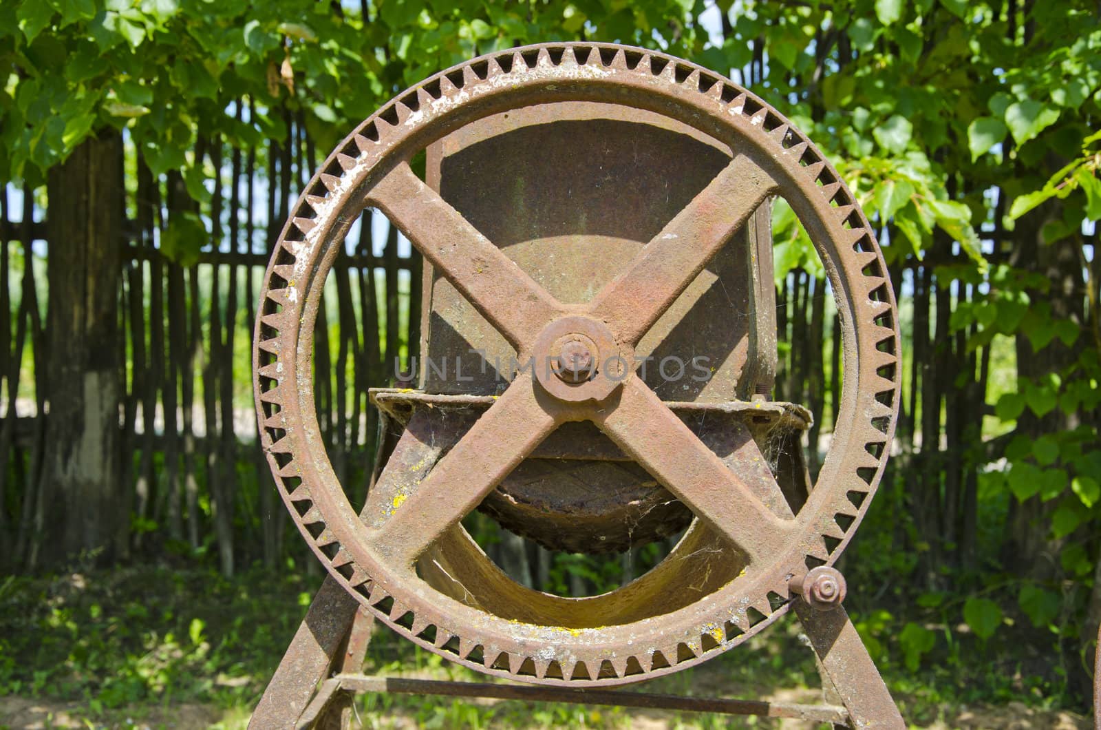 old agriculture metal wheel in garden by alis_photo