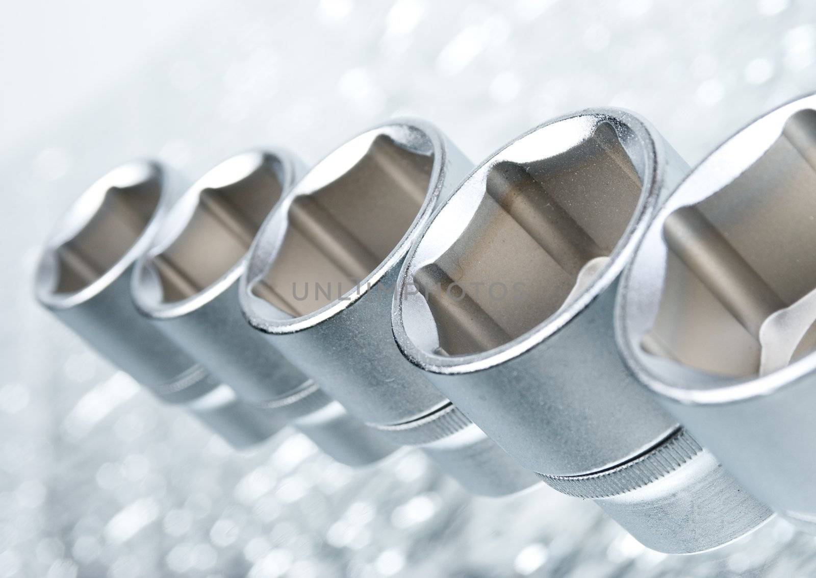 set of metallic tools as background close-up