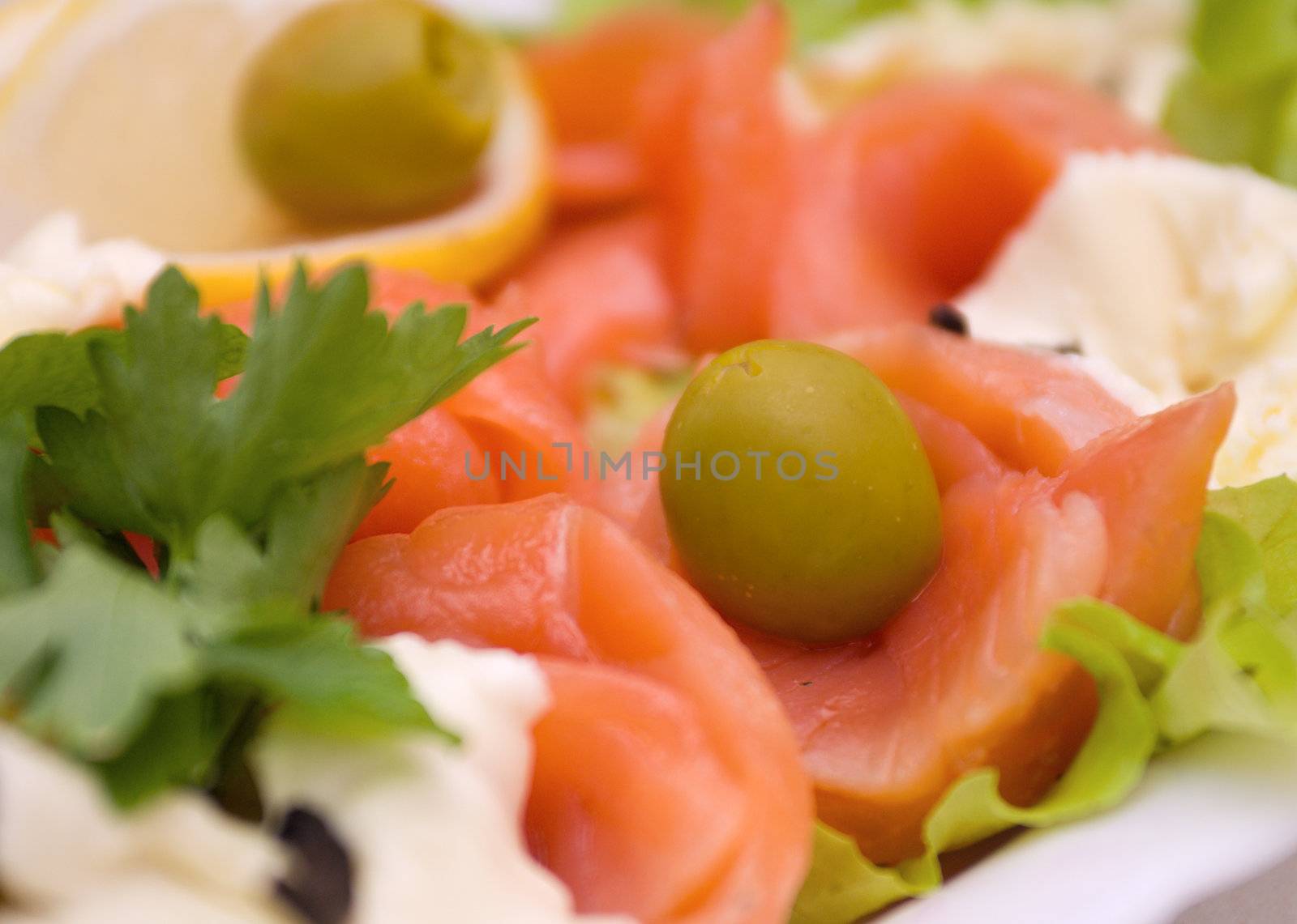 Seafood arrangement.salmon,halibut,roe.  close up