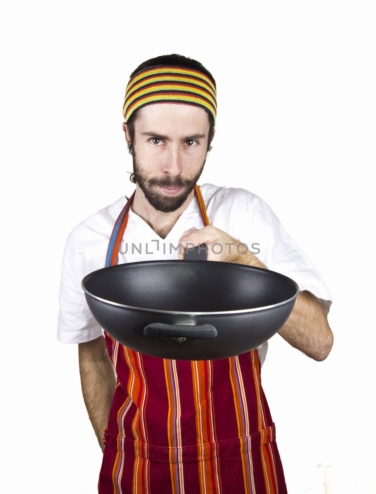 portrait of male chef with wok in the shoulder