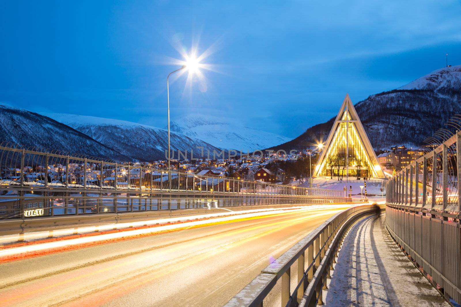 Tromso Arctic Cathedral Church in Norway at dusk twilight