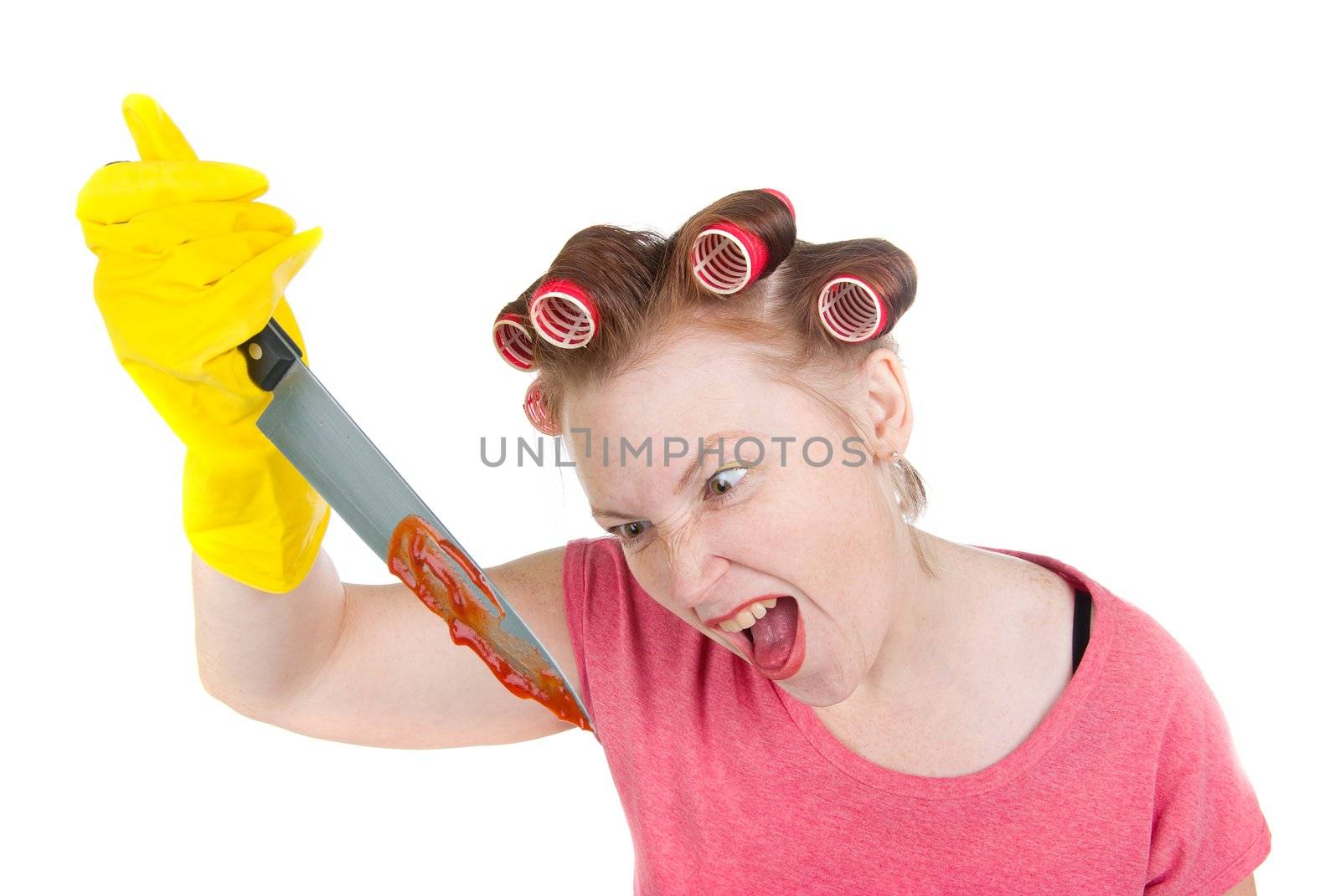 Aggressive housewife  with bloodstained  knife. white background