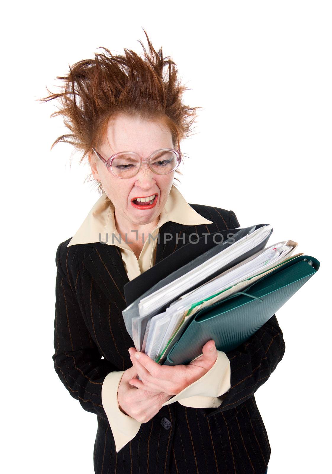   stressed crazy Businesswoman with huge stack of paperwork.isolated on white
