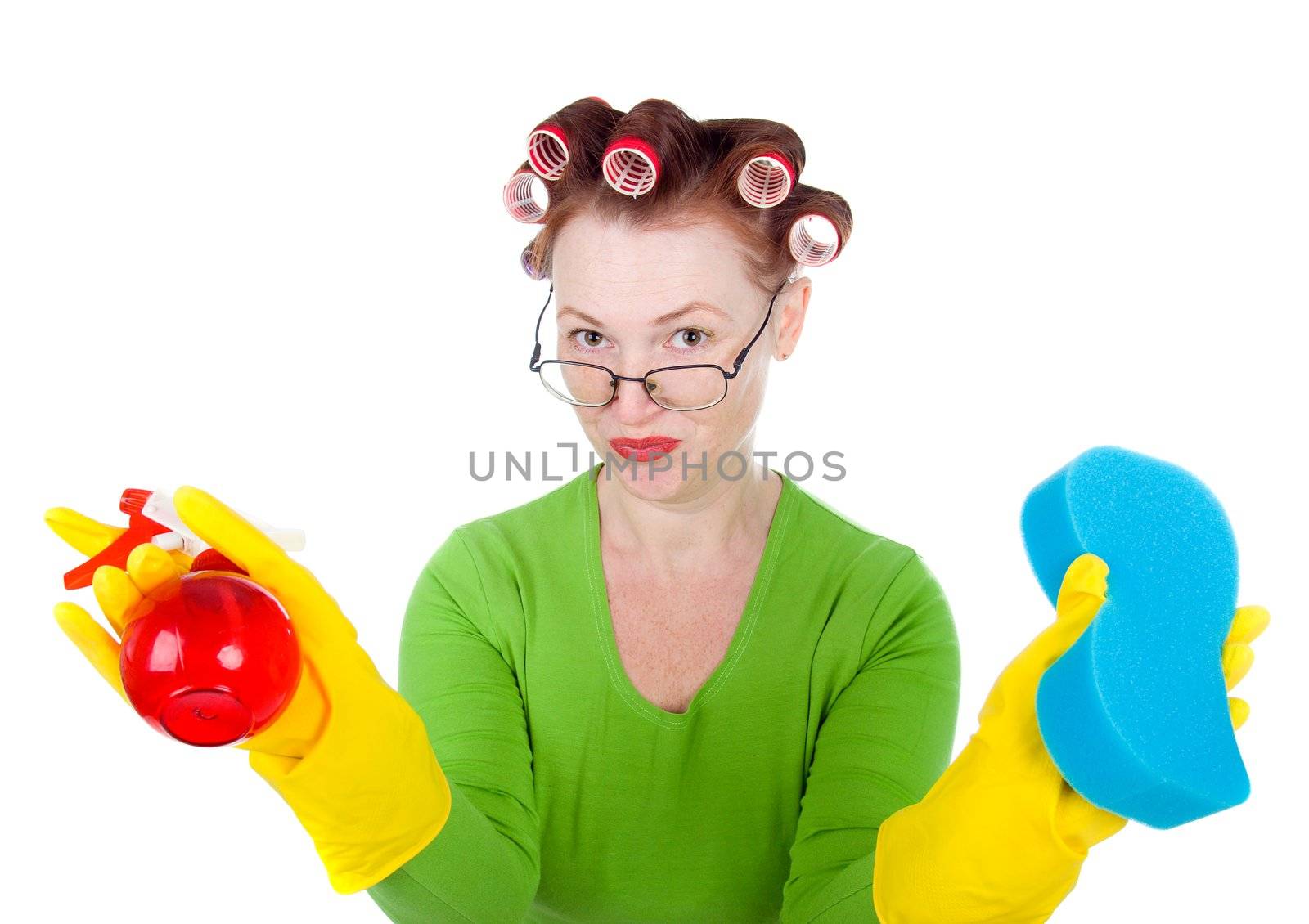 housewife maid cleaner with sponge and spray.Isolated on white background 