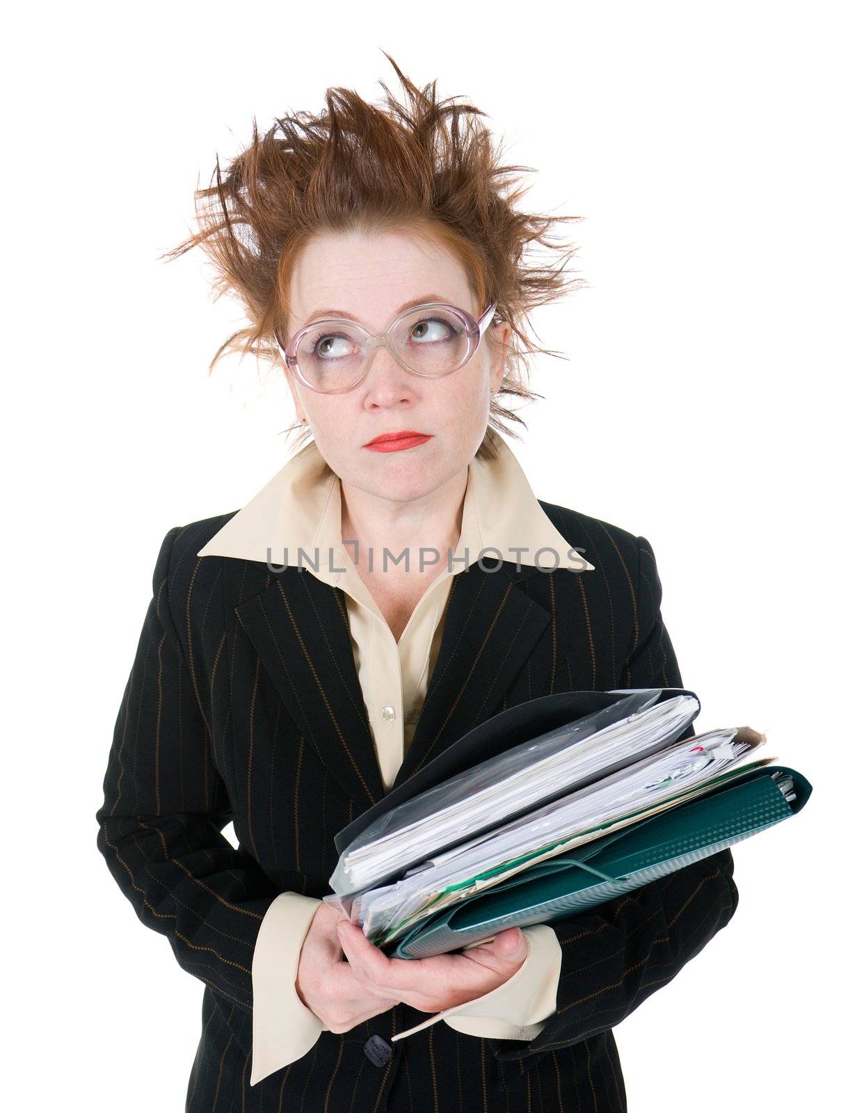   stressed crazy Businesswoman with huge stack of paperwork.isolated on white 