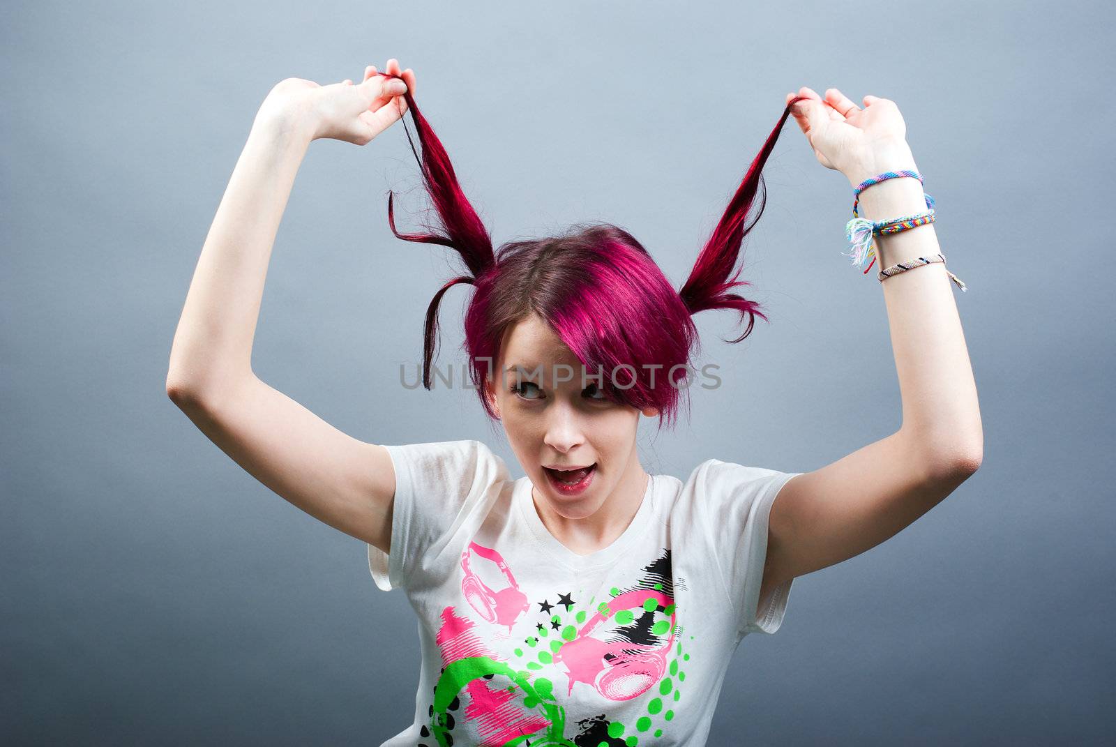 crazy bizarre pink hair emo girl