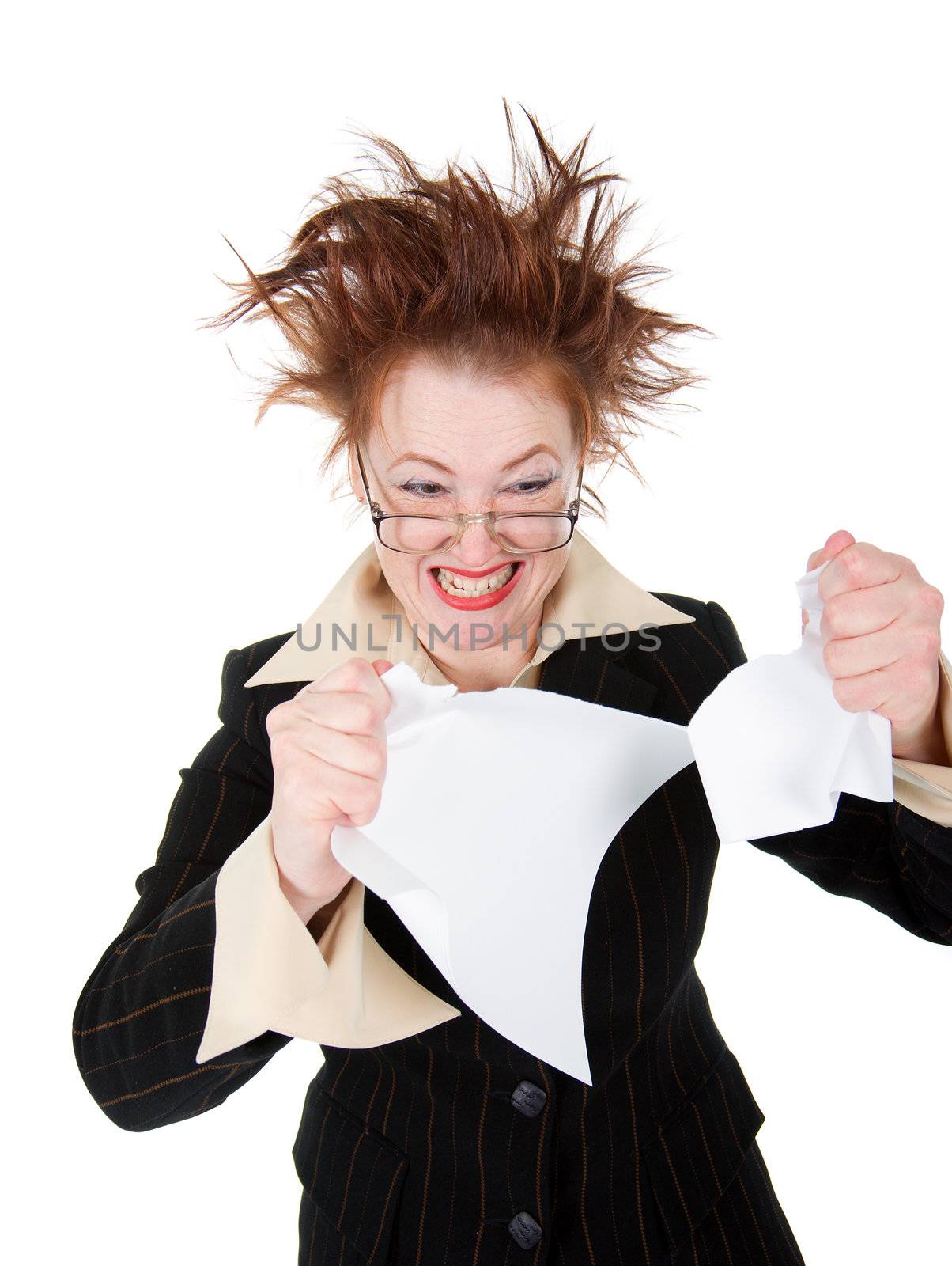 businesswomanl breaks documents. Isolated on white background