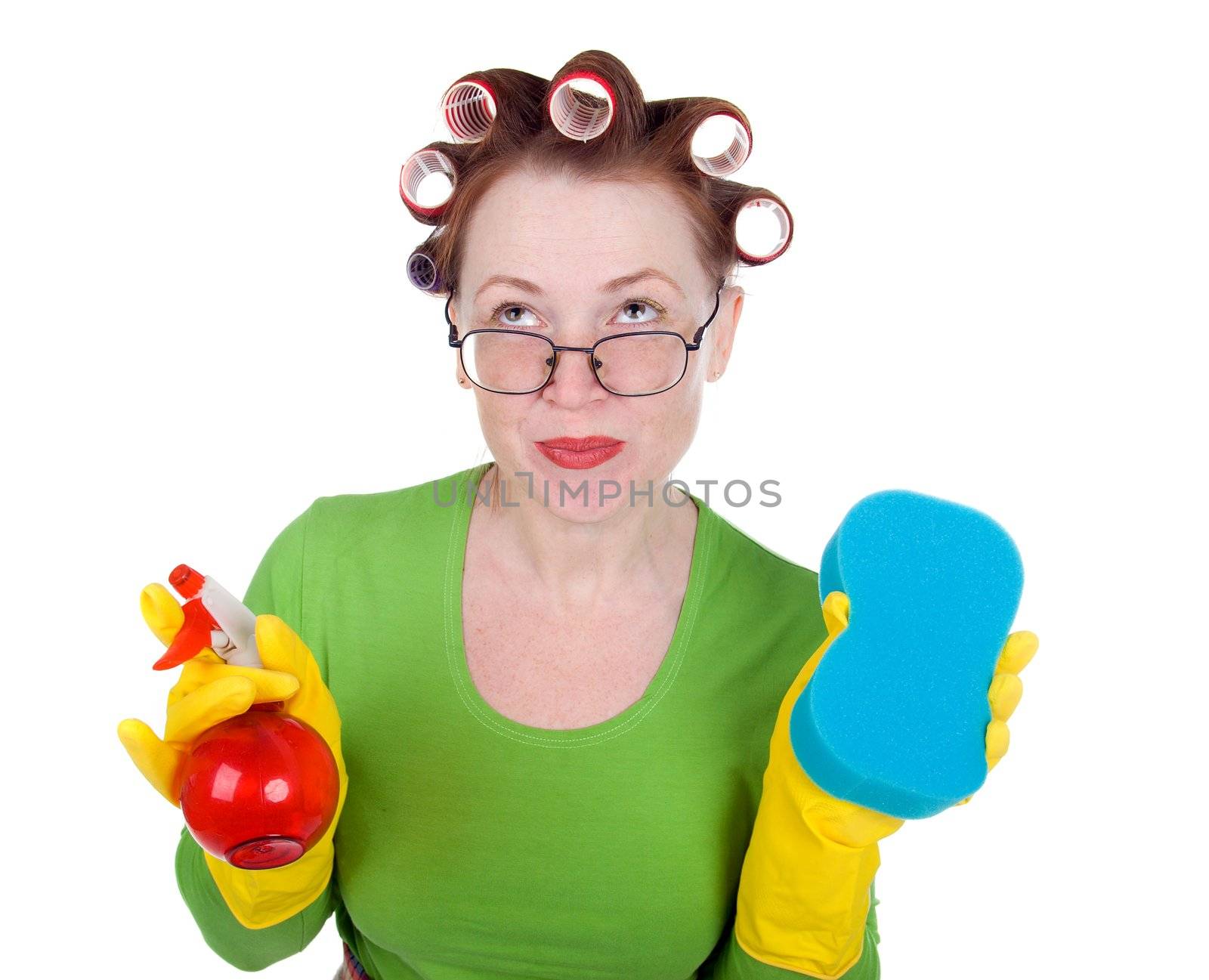 housewife maid cleaner with sponge and spray.Isolated on white background 