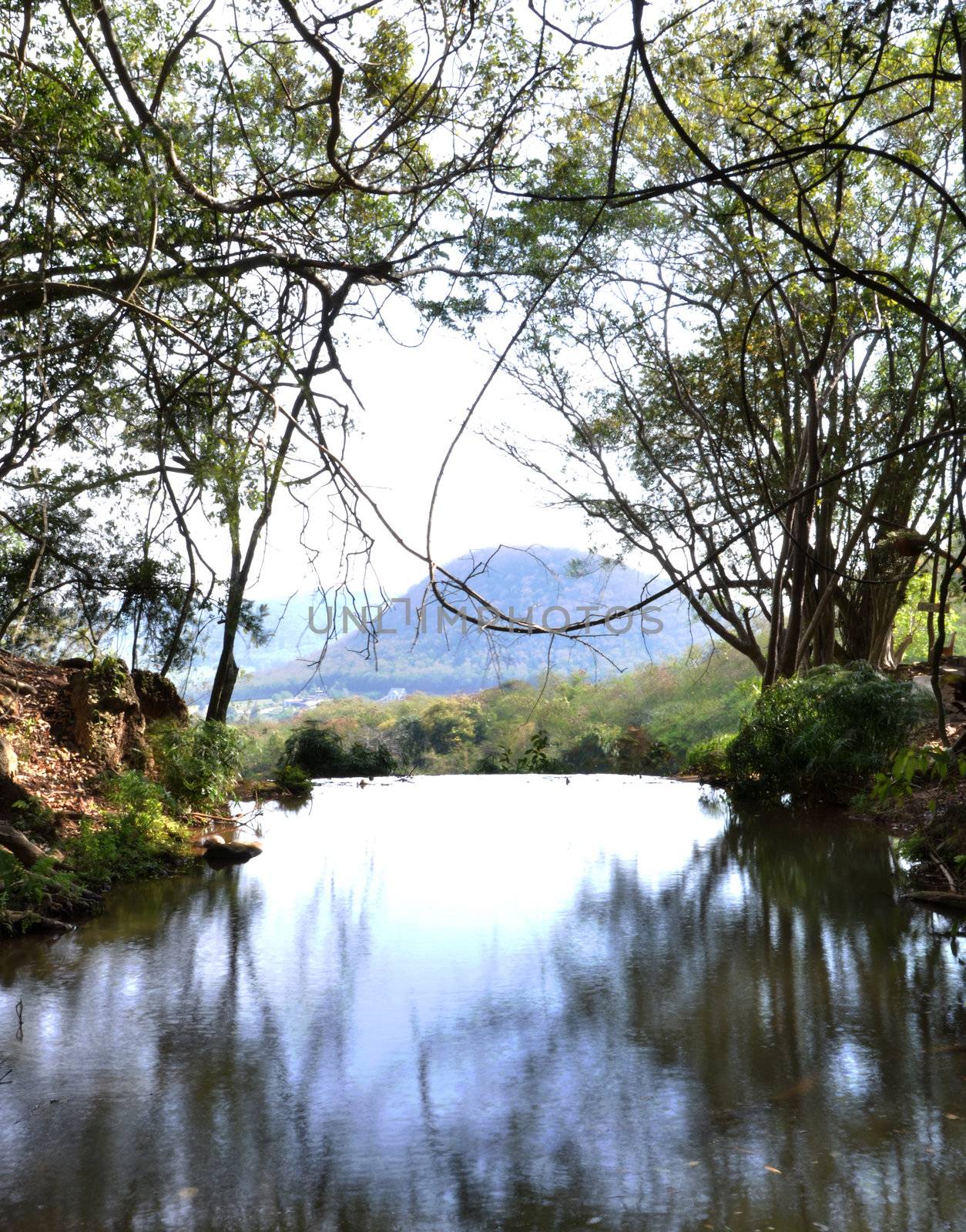 Landscape with calm river, The origin of high waterfall 