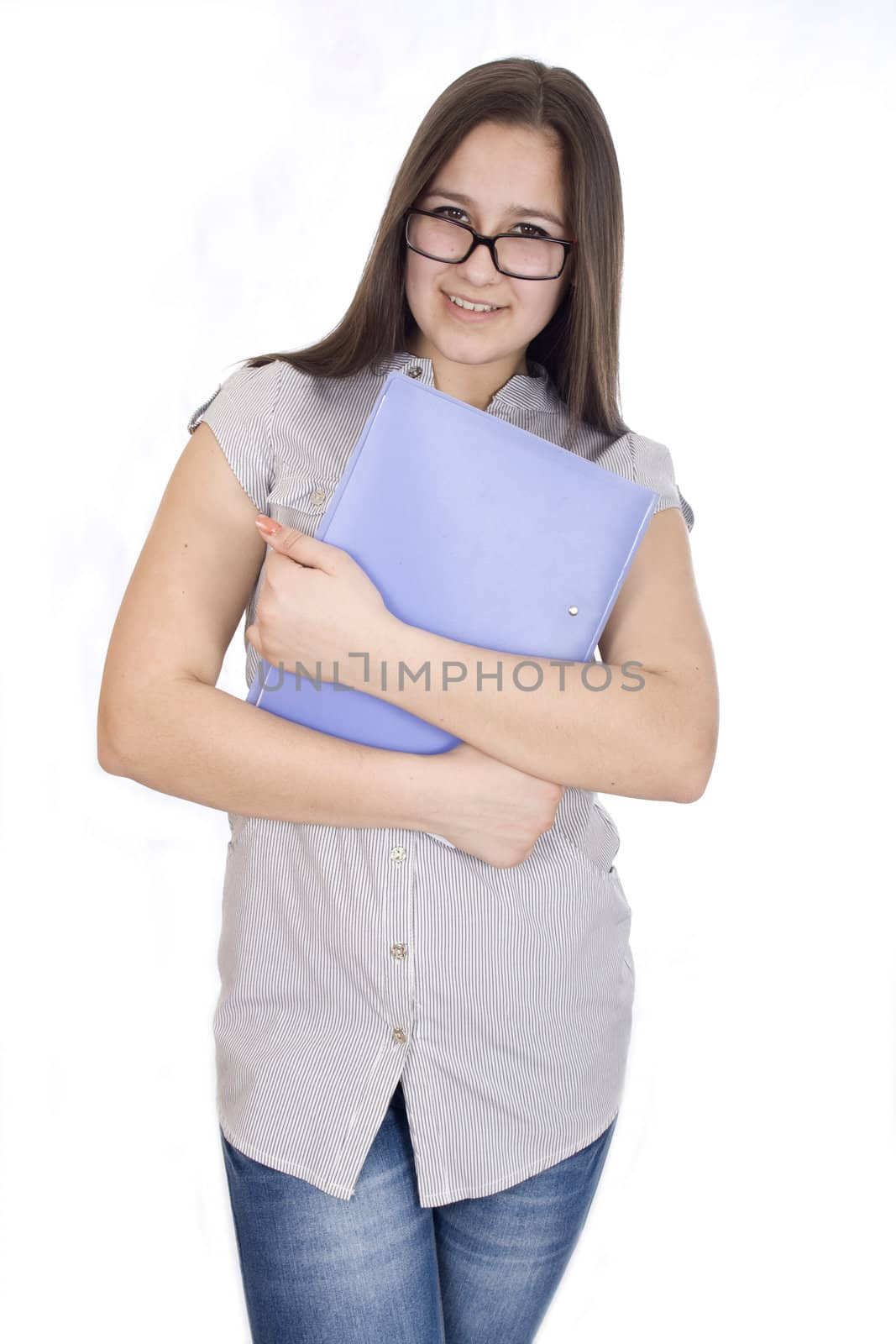 Business women with folder in hand isolated on white background.
