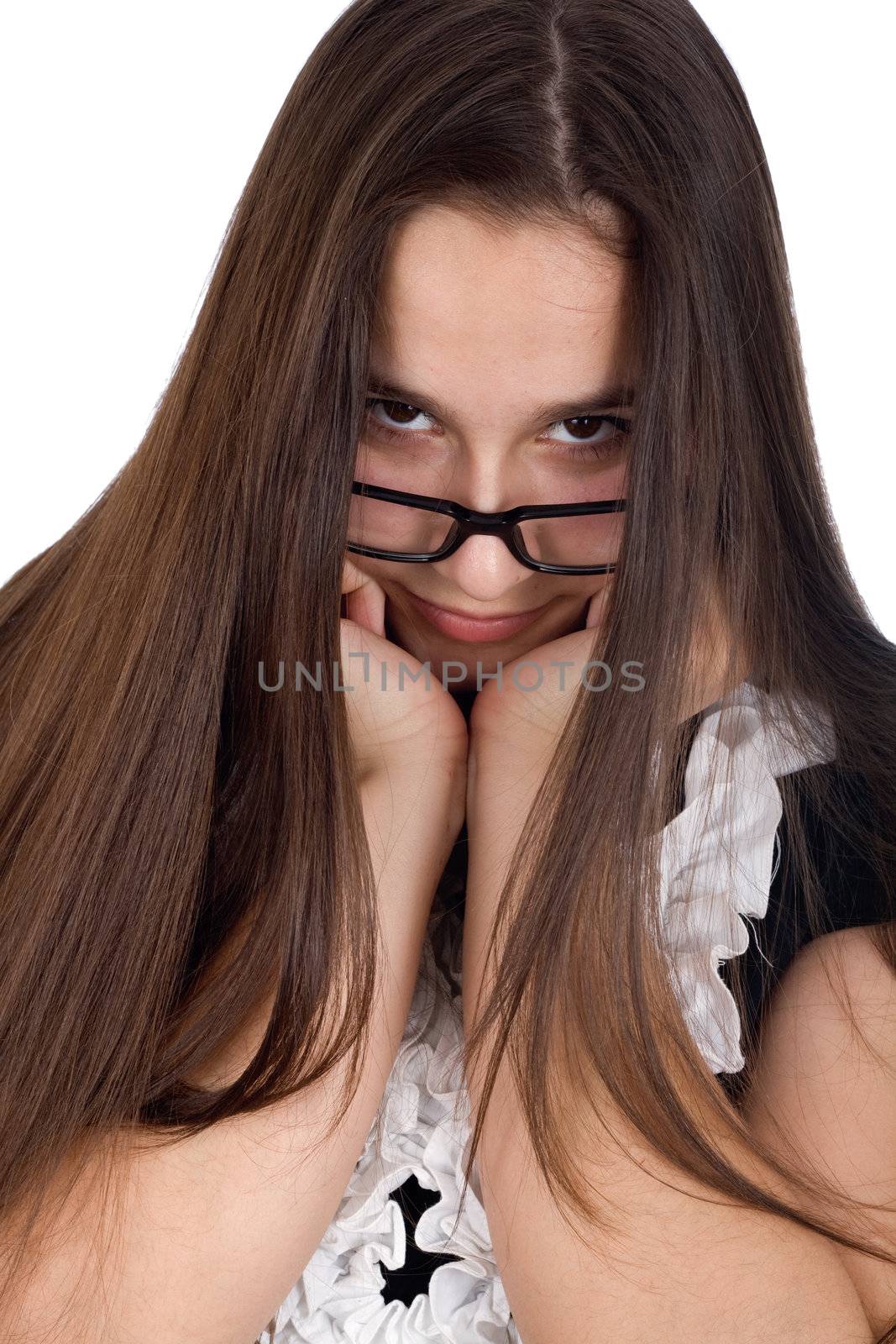 Portrait of a teenage girl hurt in glasses isolated on a white background