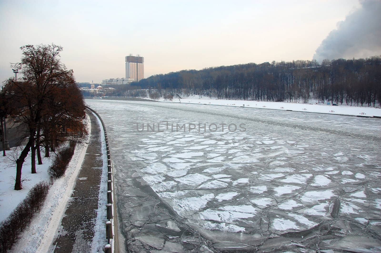 Winter ice river, Moscow city, Russian Federation