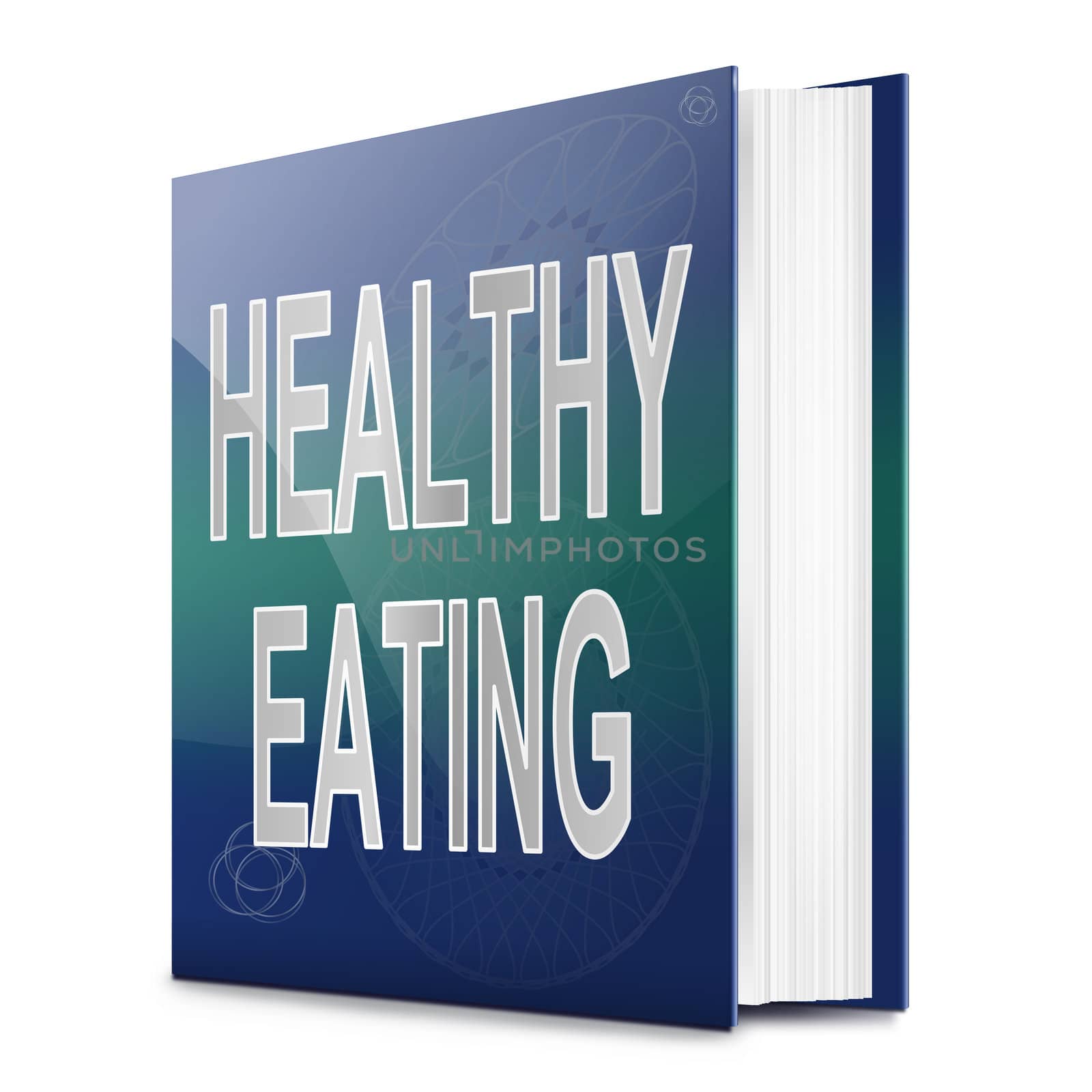 Illustration depicting a book with a healthy eating concept title. White background.