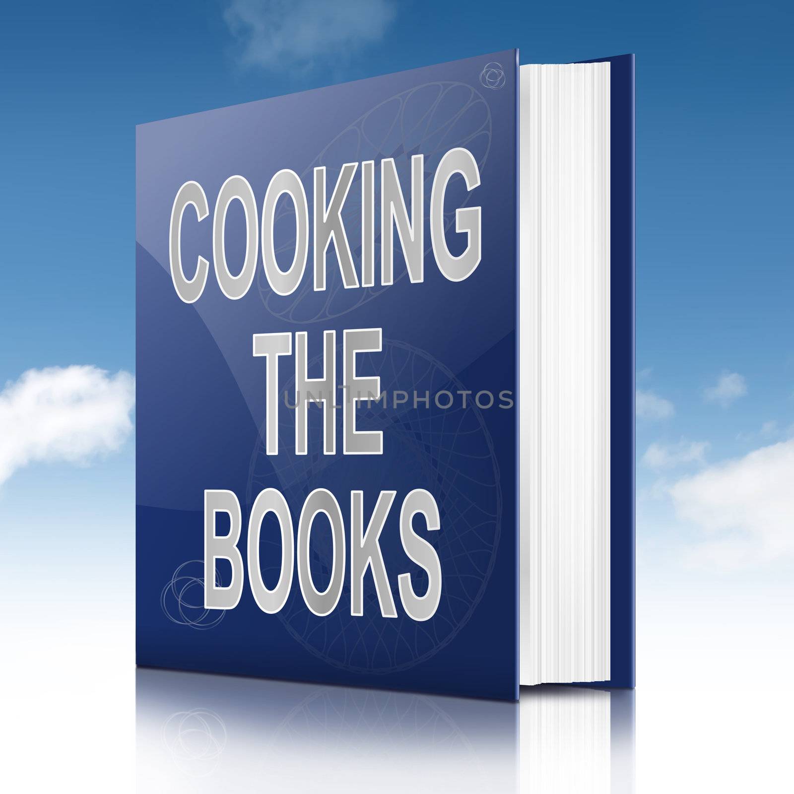 Illustration depicting a book with a cooking the books concept title. Sky background.