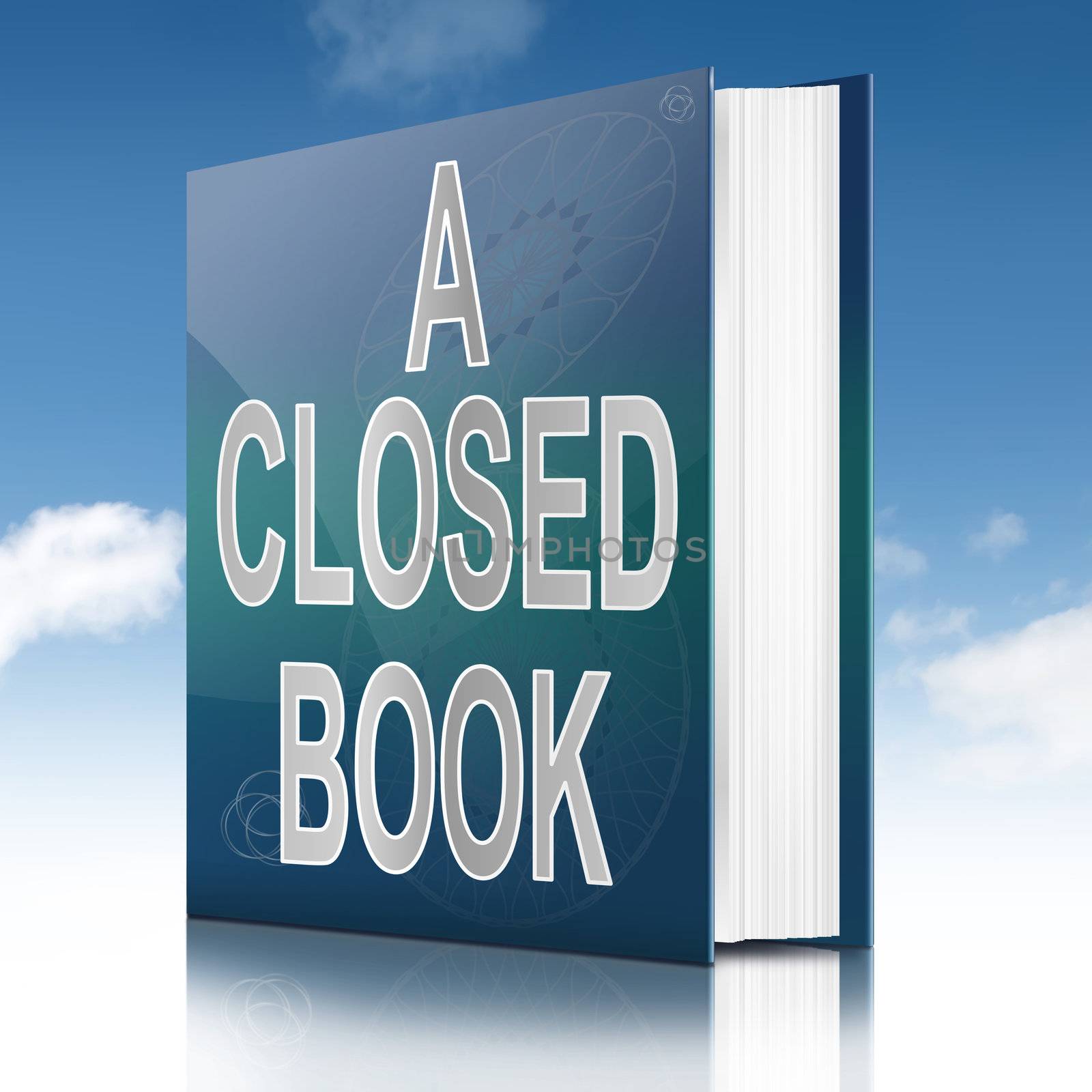 Illustration depicting a book with a closed book concept title. Sky background.