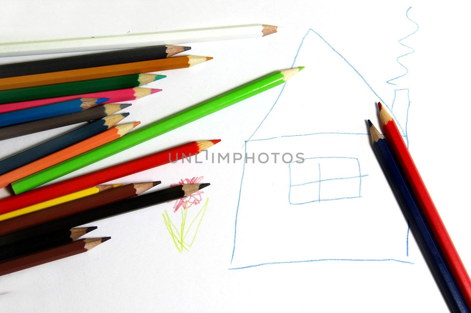 Mortgage in happy style - painted house and multicolored pencils