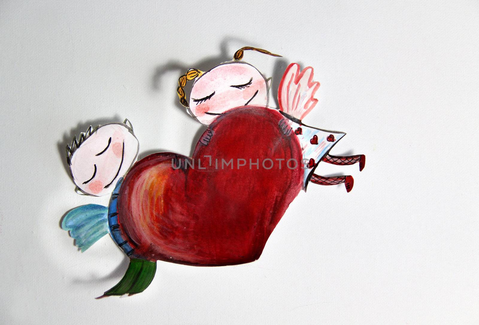 Painted Valentine card with cupid holding heart the hands 
