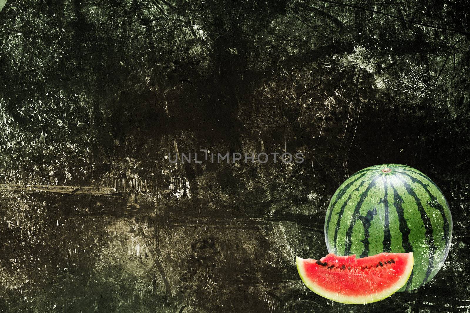 The ripe watermelon on the old brown paper
