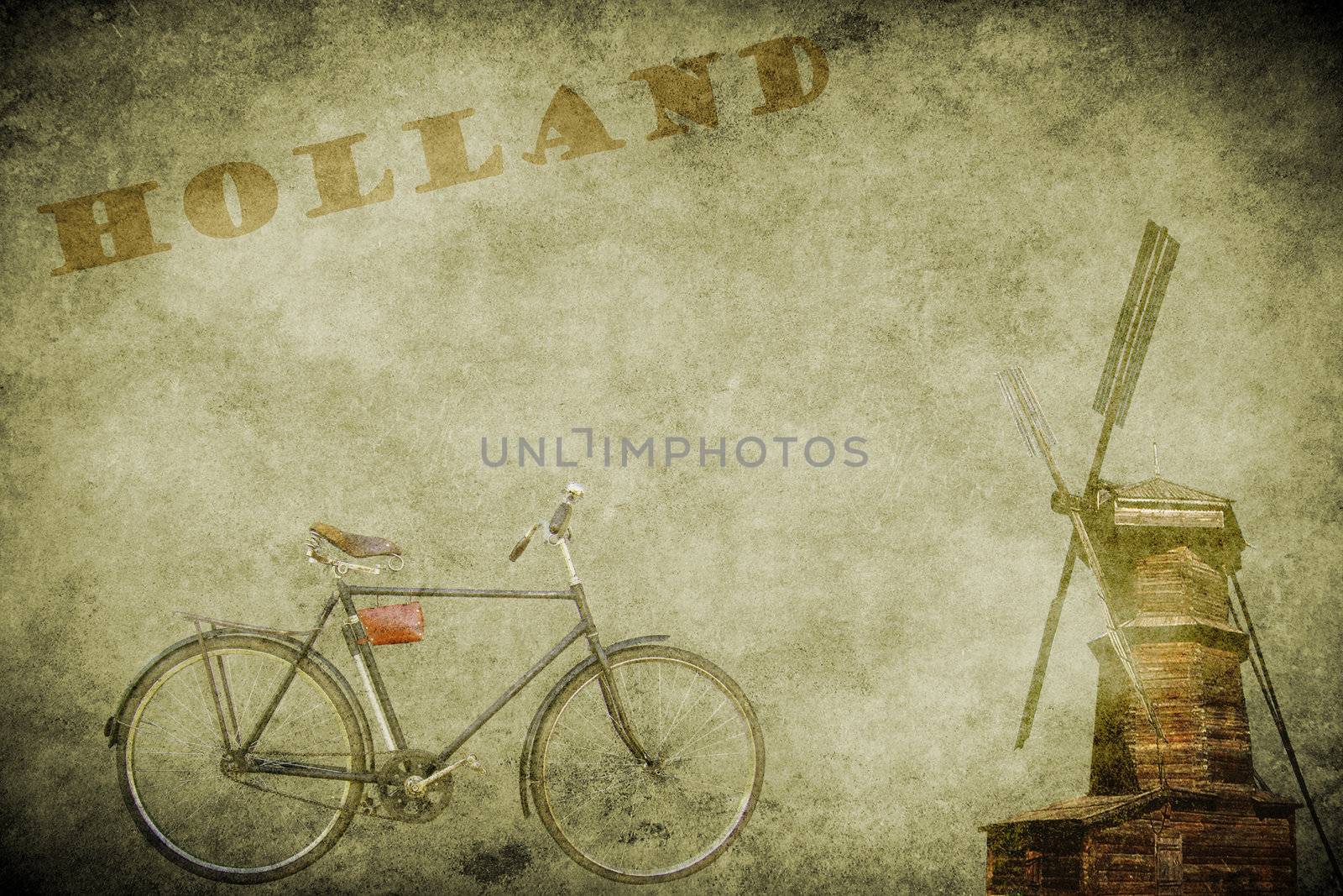 The old windmill and bicycle on the old brown paper