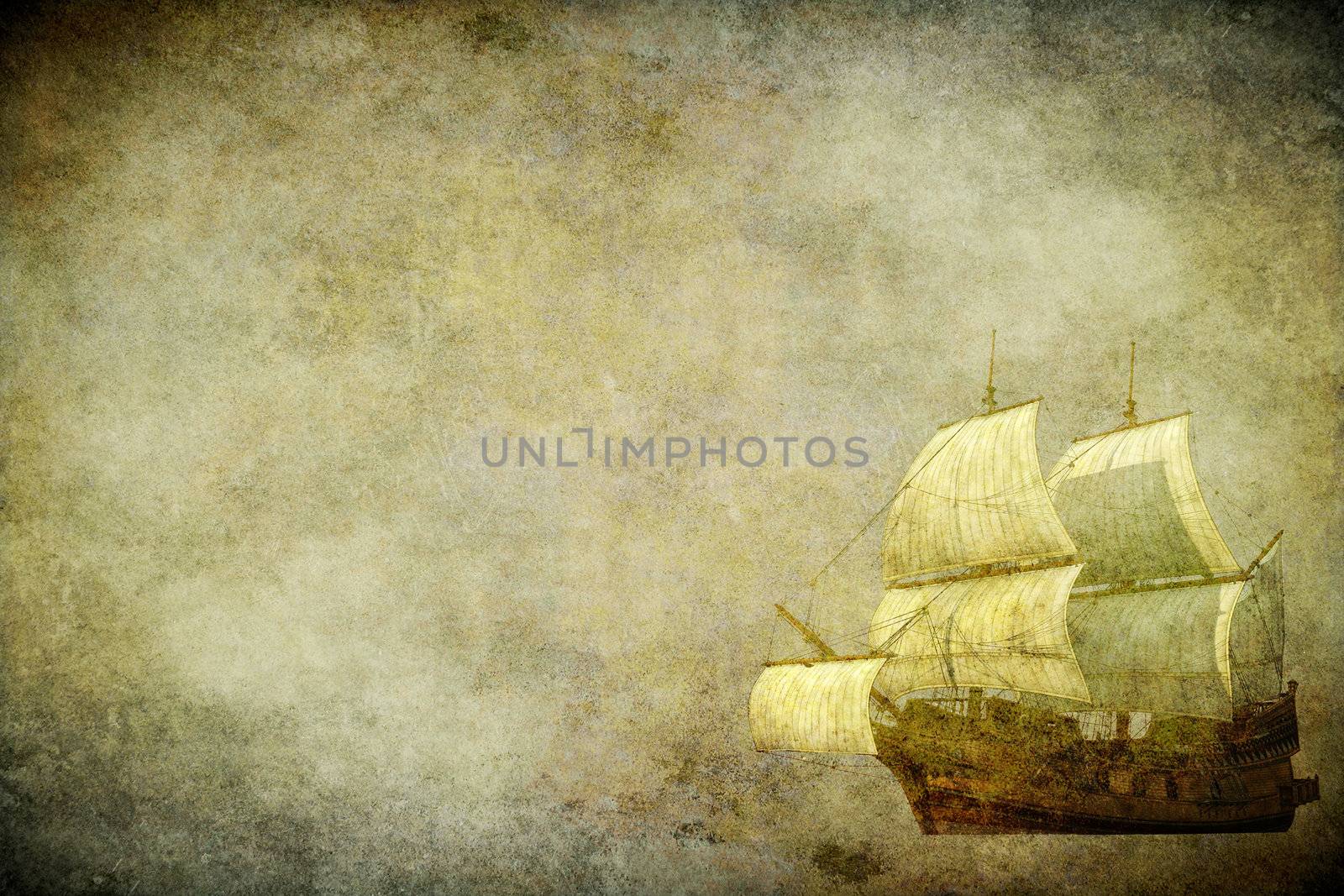 The sailing ship on the old brown paper
