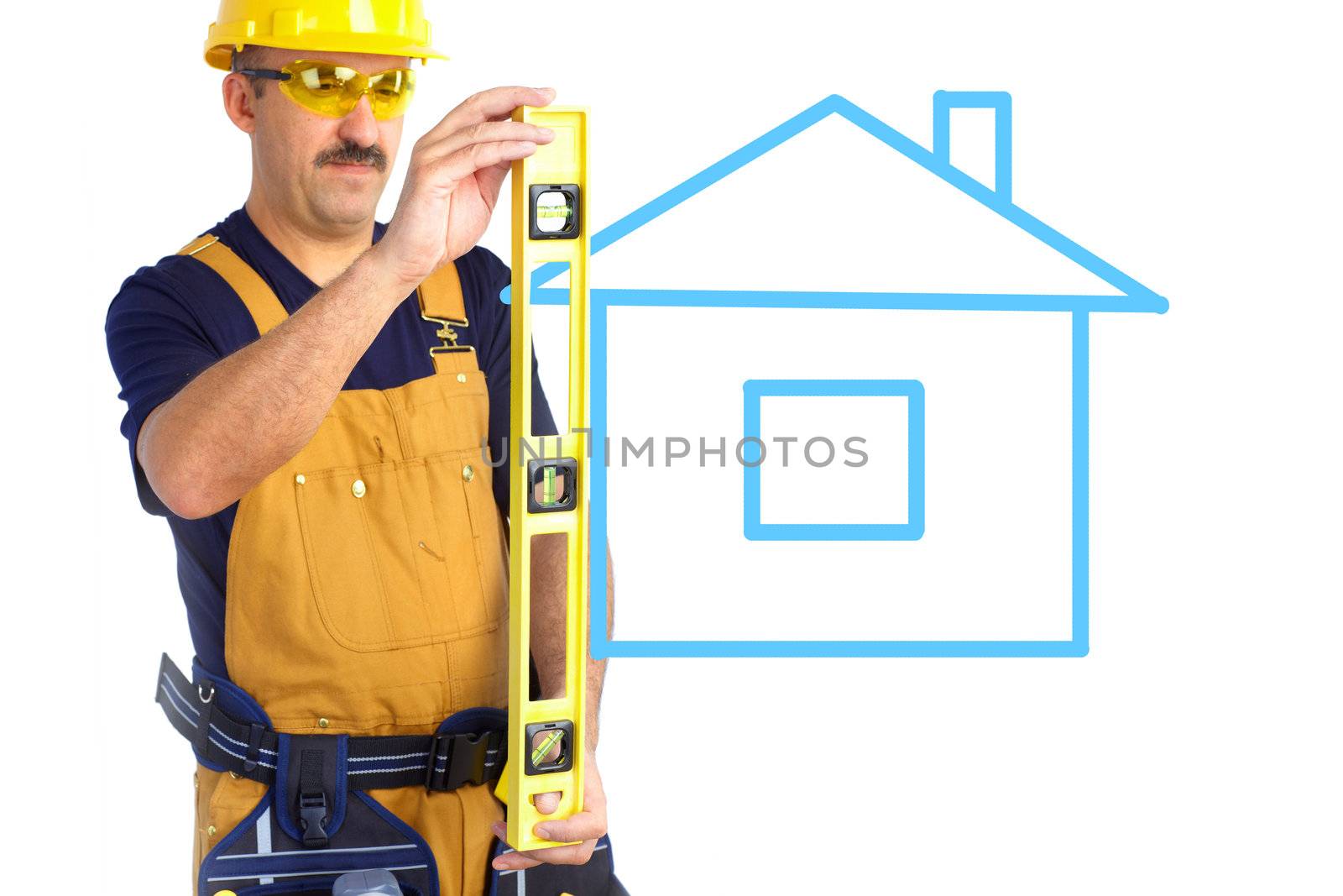 The house. Mature contractor working. Over white background. Worker

