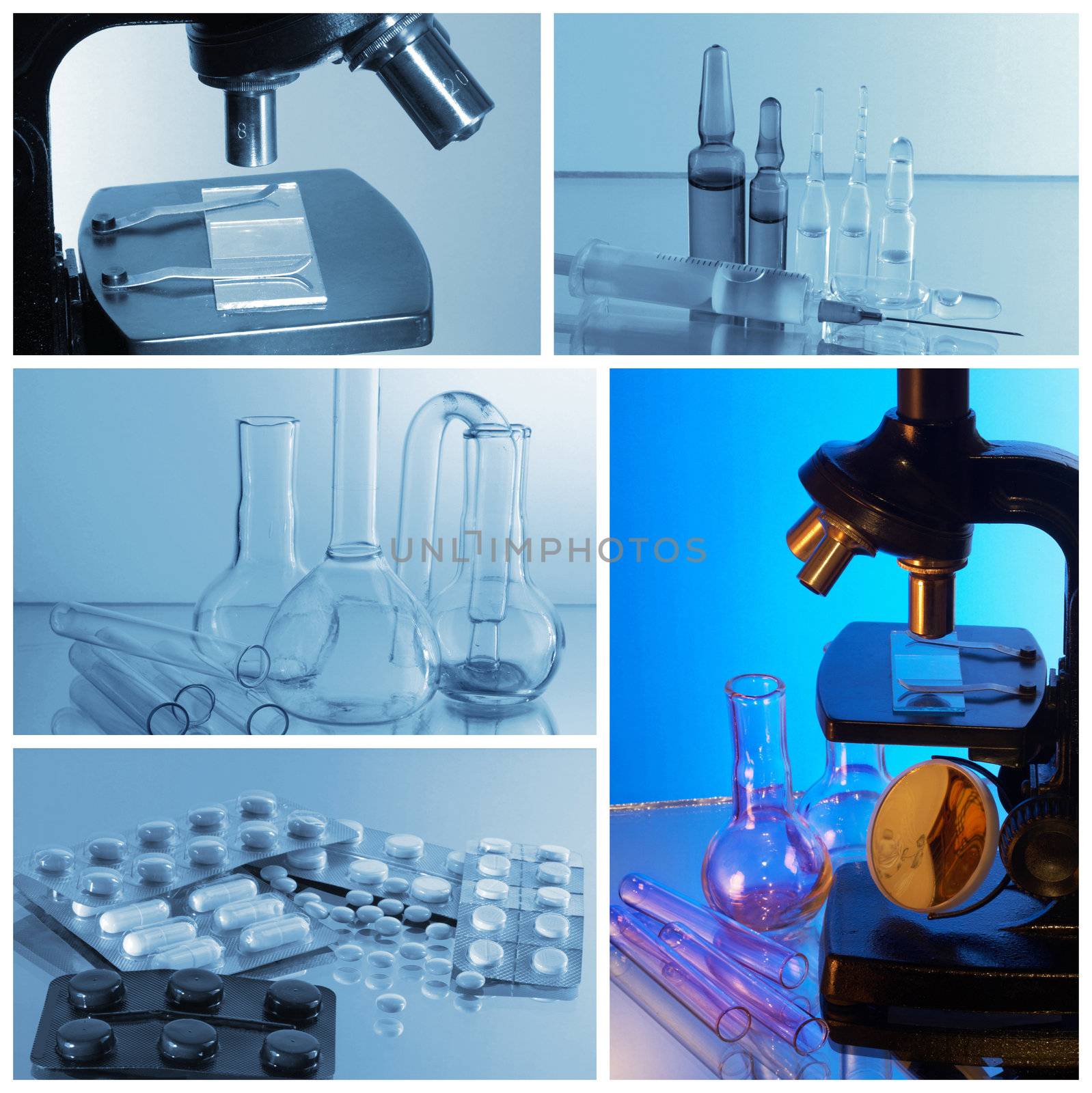 Microscope and laboratory glasswares on a blue background. Collage