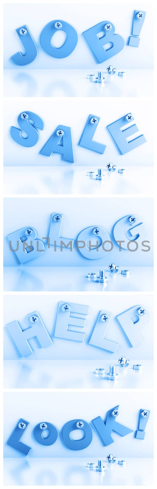 words attached with bolts on a white background