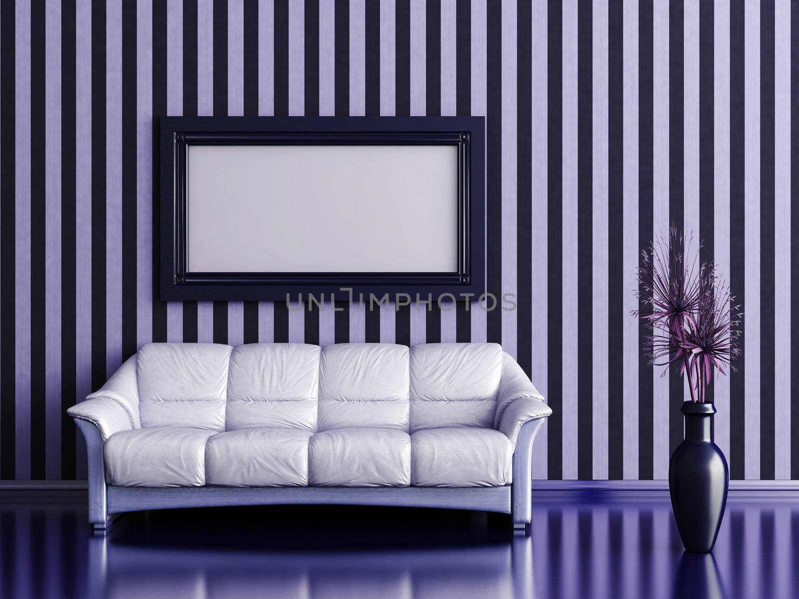 interior with sofa and plant in a vase on a background of striped wall