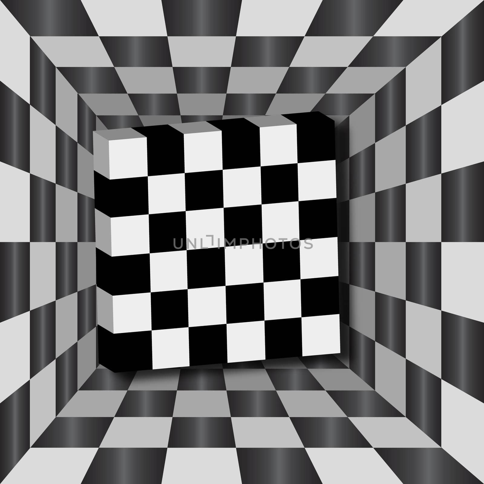 Checkerboard tunnel with 3D cube. Background for chessboard.