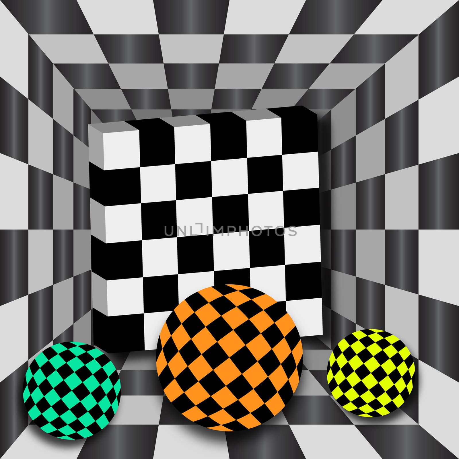 Checkerboard tunnel with 3D cube and three color spheres. Background for chessboard.