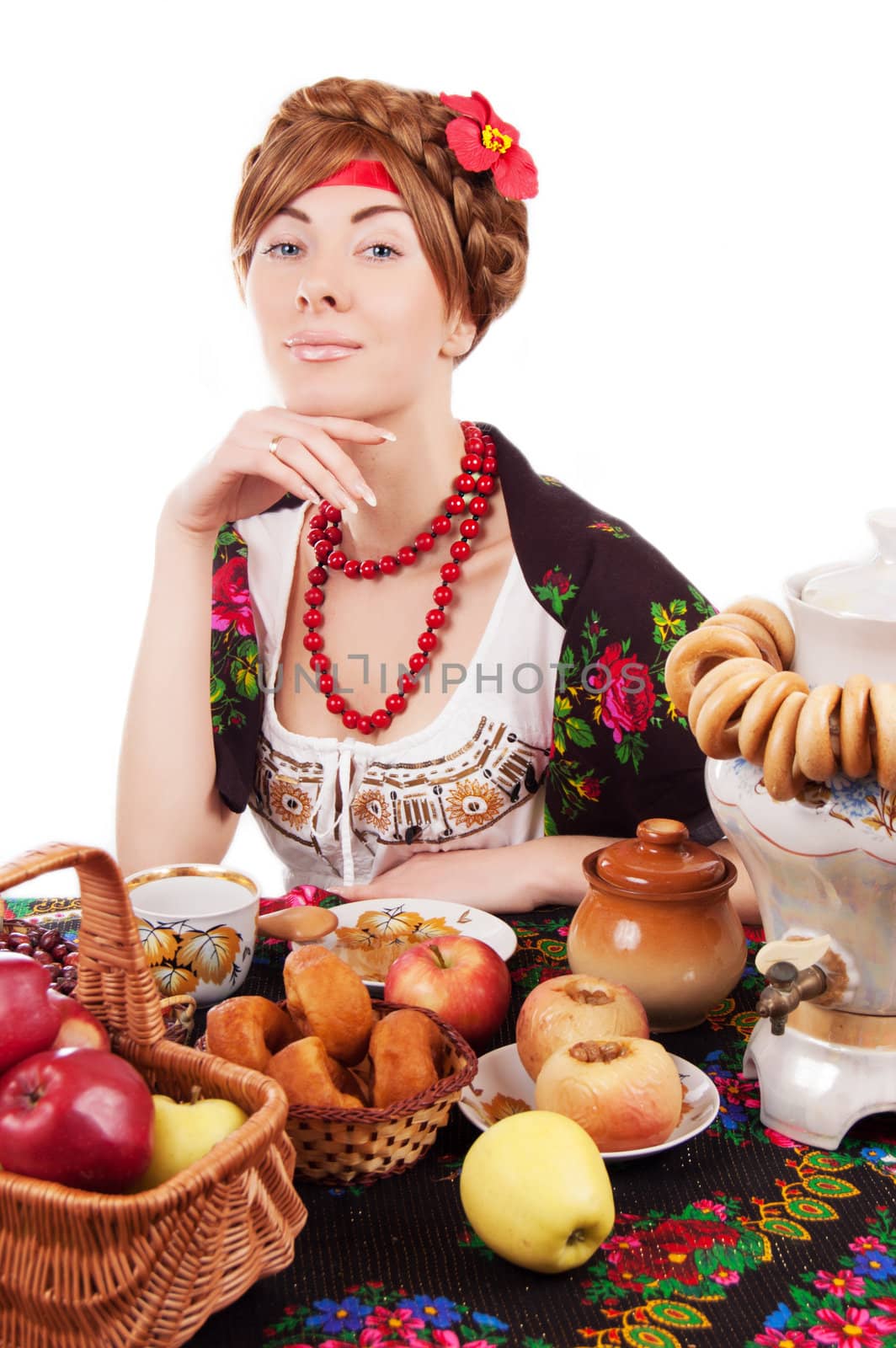 Russian woman with traditional food over white