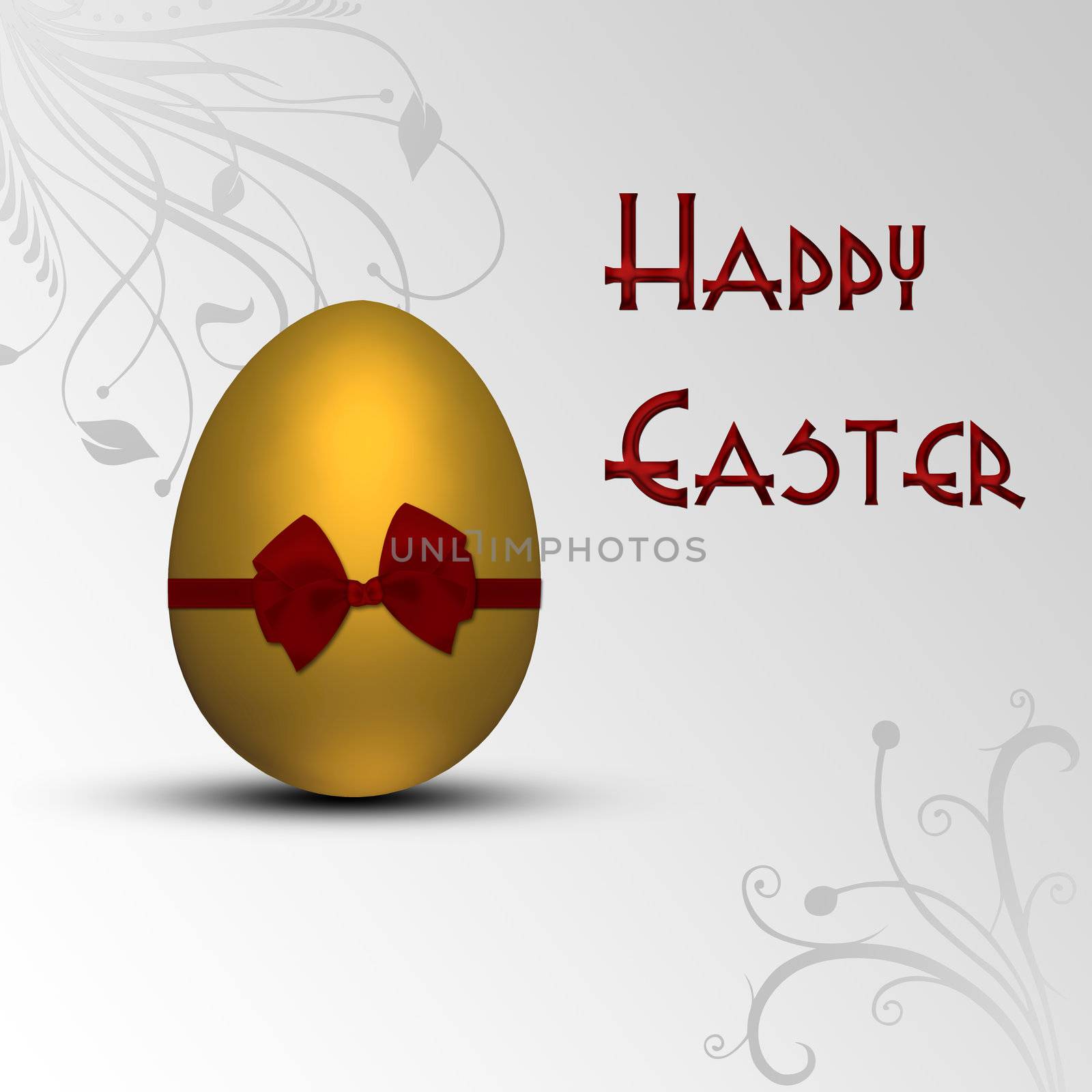 An elegant and modern Easter illustration: A golden Easter egg with a red bow on a white-grey background with floral swirls.