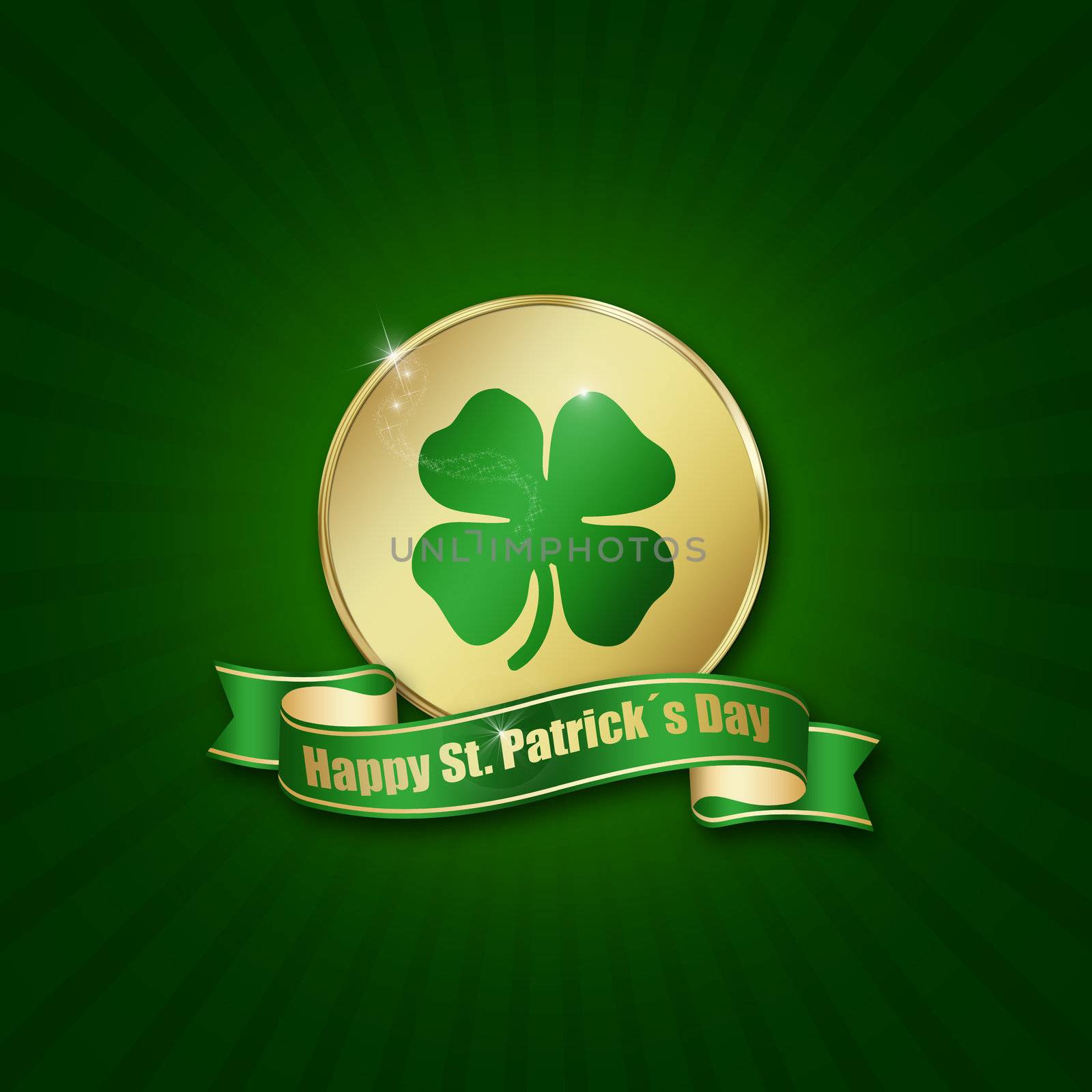 St. Patrick´s Day illustration: A golden coin with a shamrock and a ribbon with greeting on a green background.