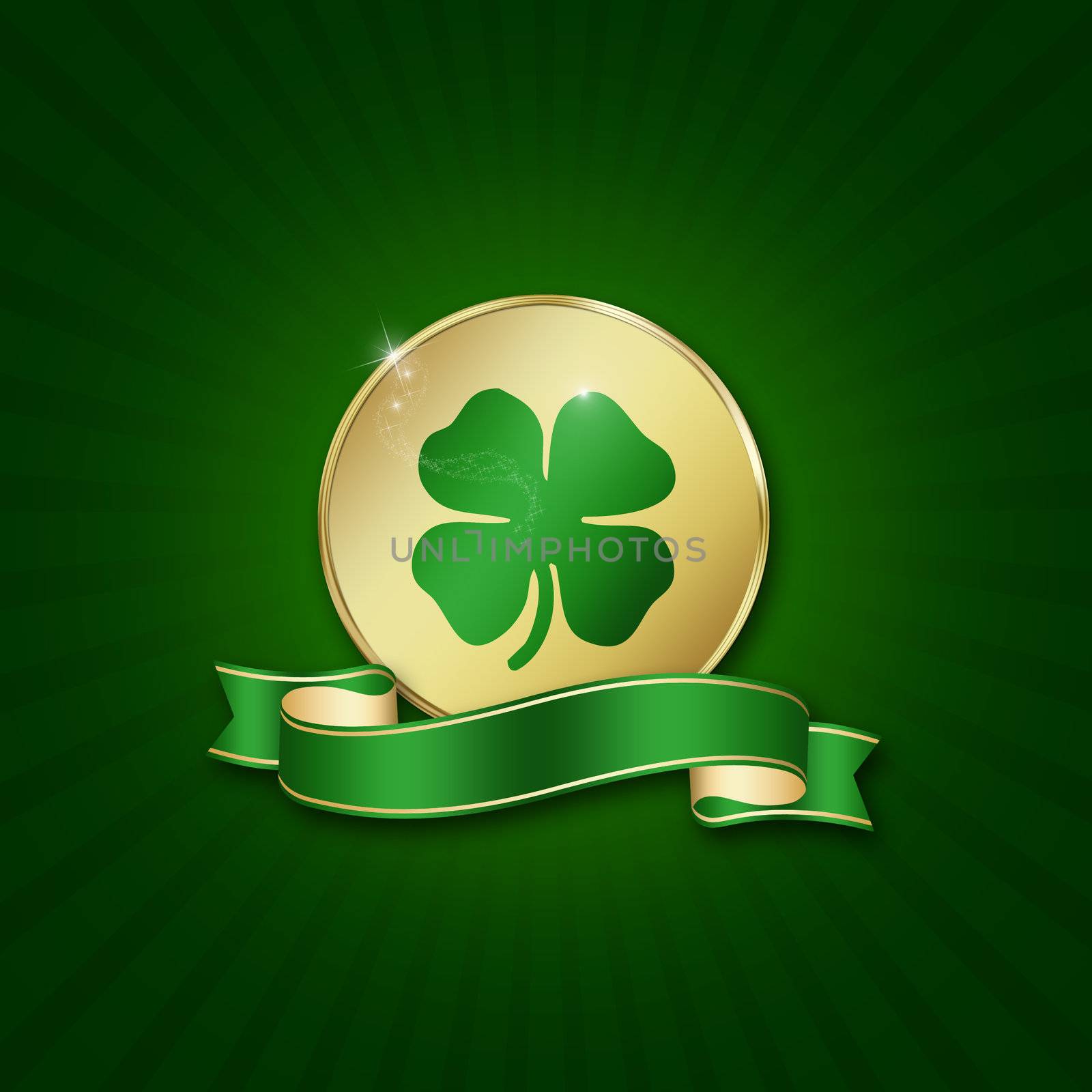 St. Patrick´s Day illustration: A golden coin with a shamrock and a blank ribbon on a green background.