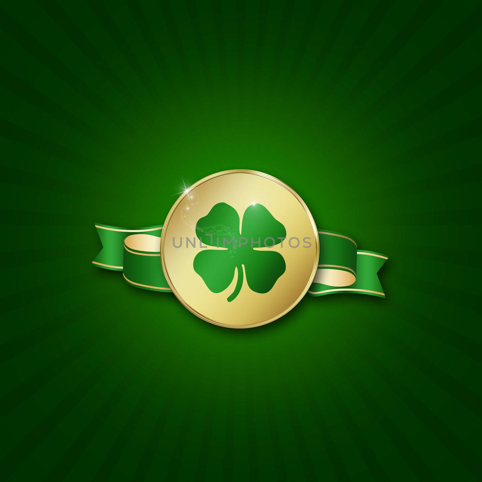 St. Patrick´s Day illustration: A golden coin with a shamrock and ribbon on a green background.