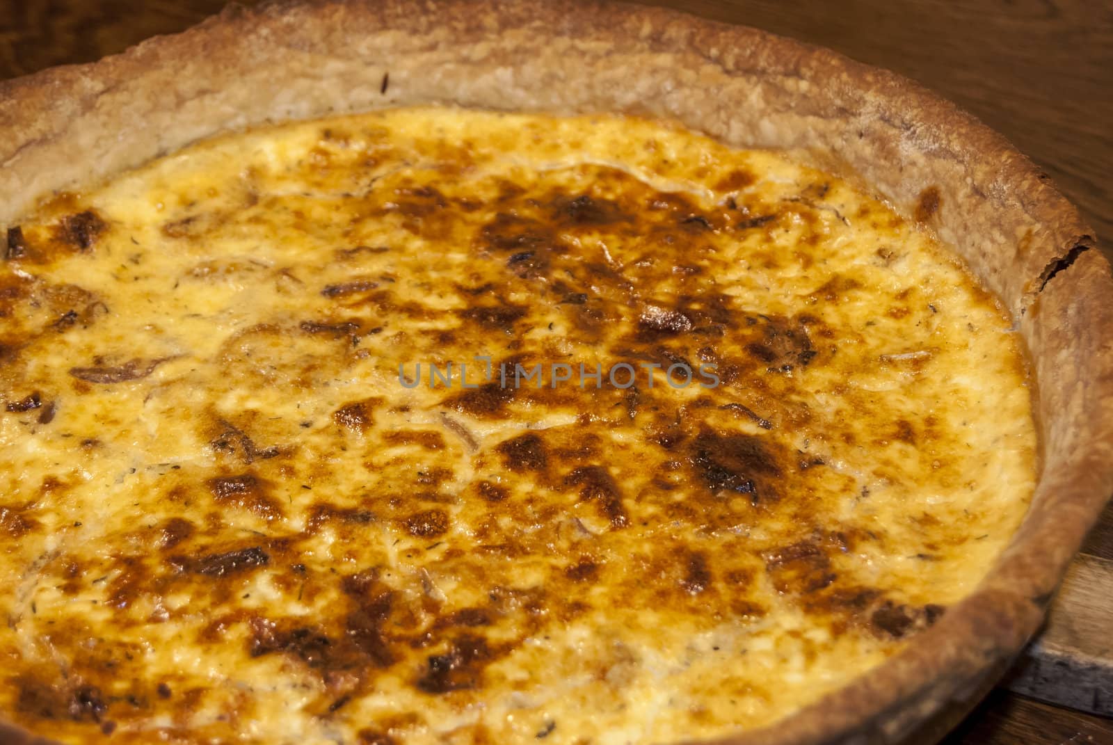 Homemade quiche pie with eggs, cheese,onion closeup