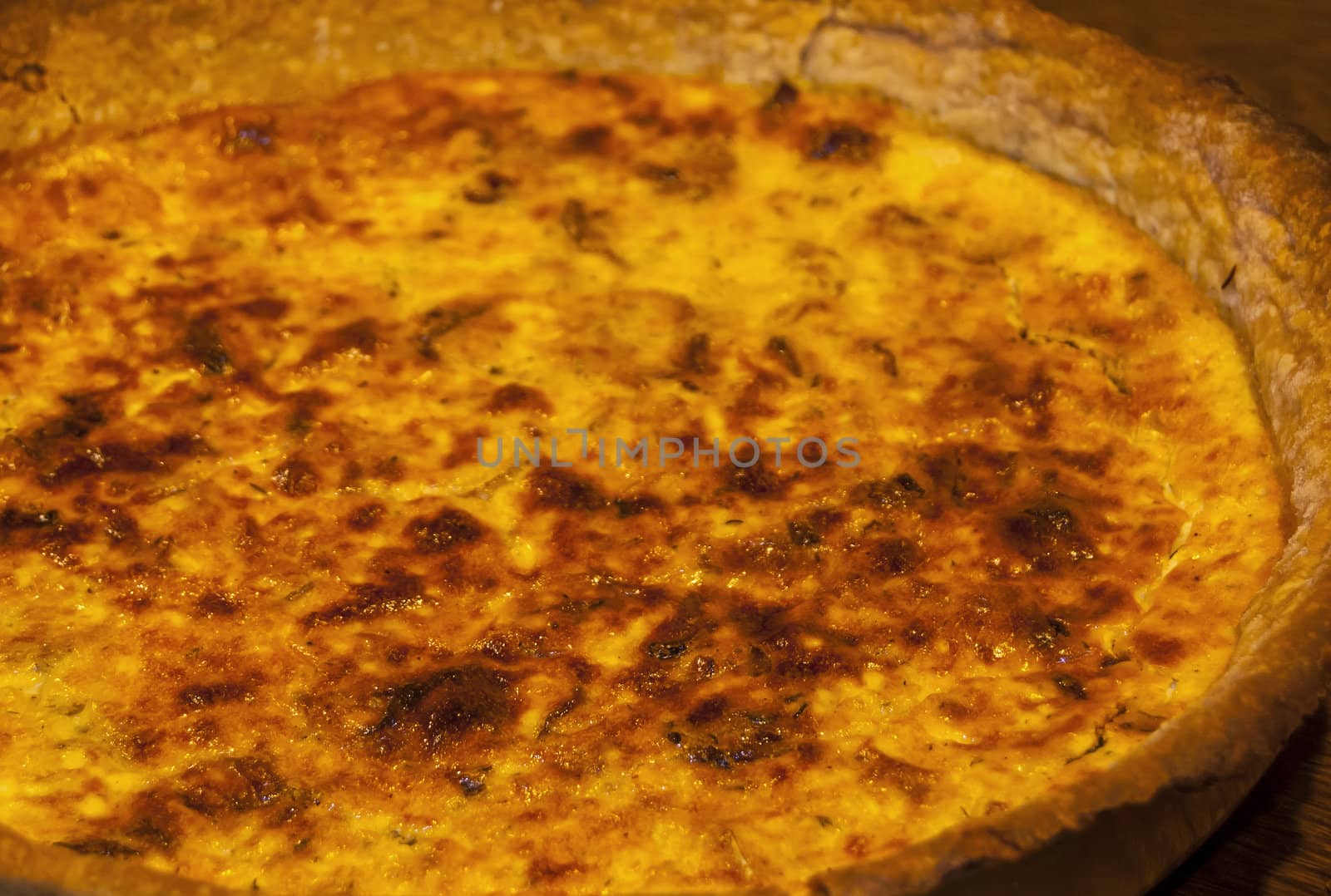 Homemade quiche pie with eggs, cheese,onion closeup