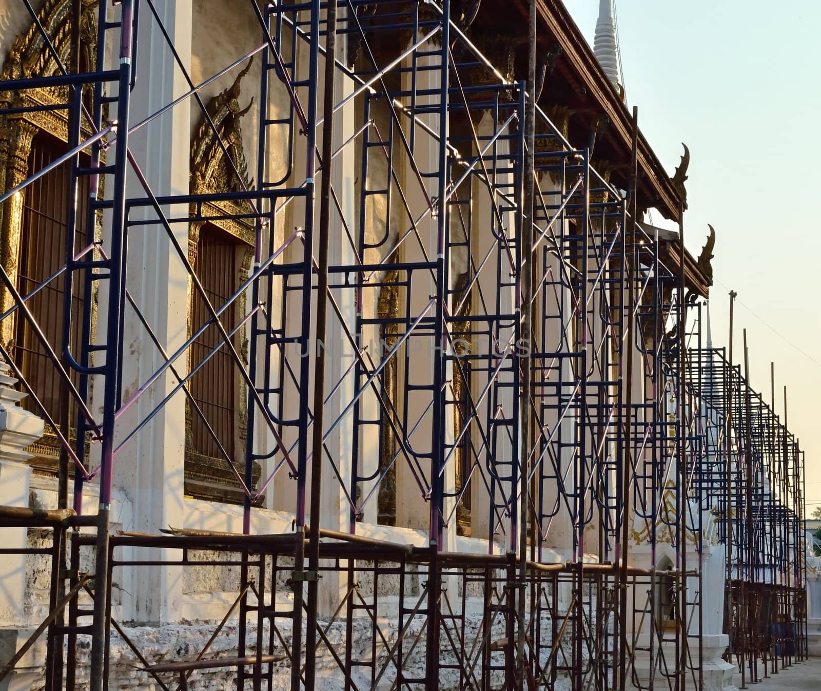 Renovation of old church with scaffolding, Thailand