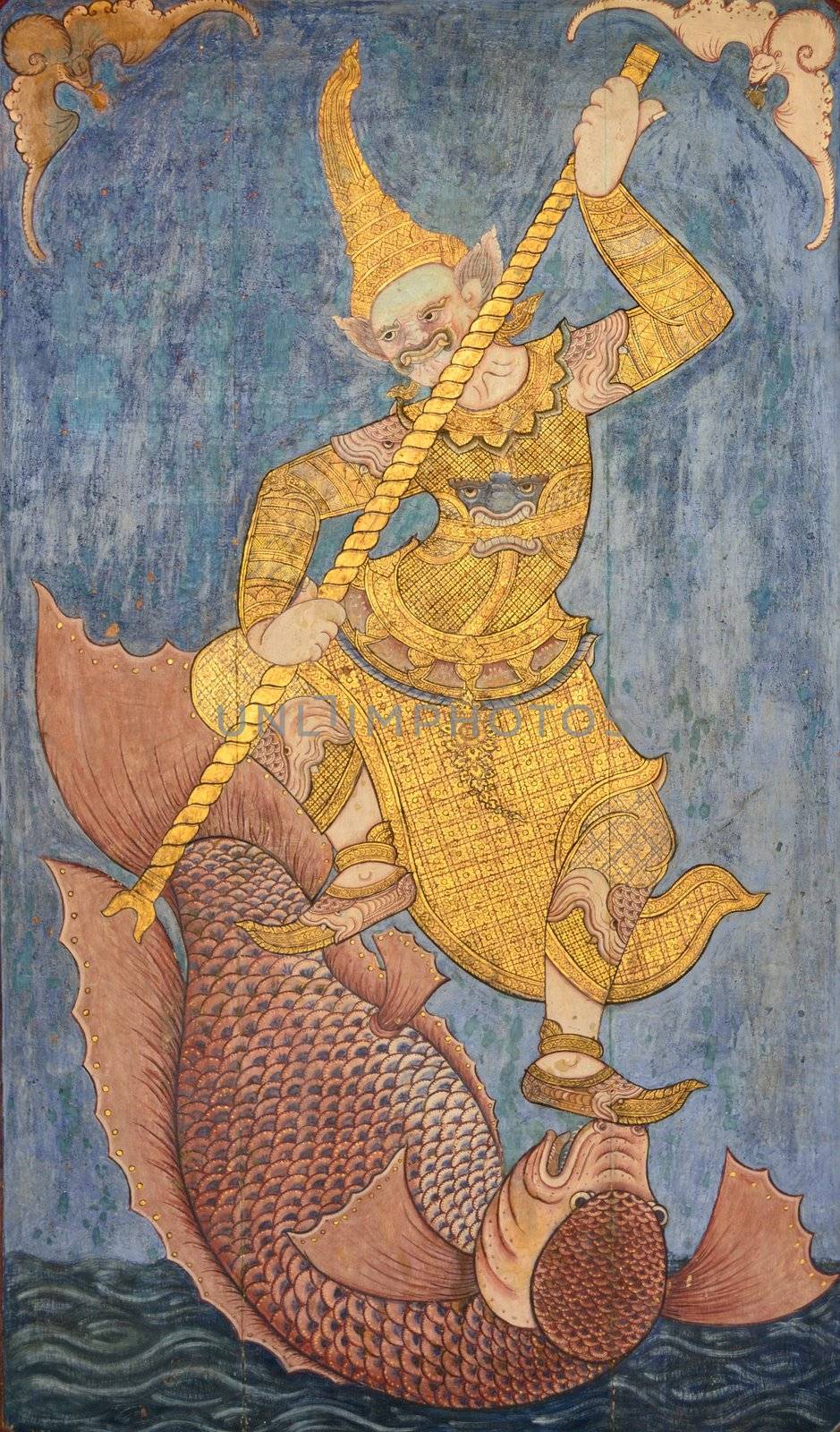 Art Thai style, Ramayana painting on door in temple, Thailand